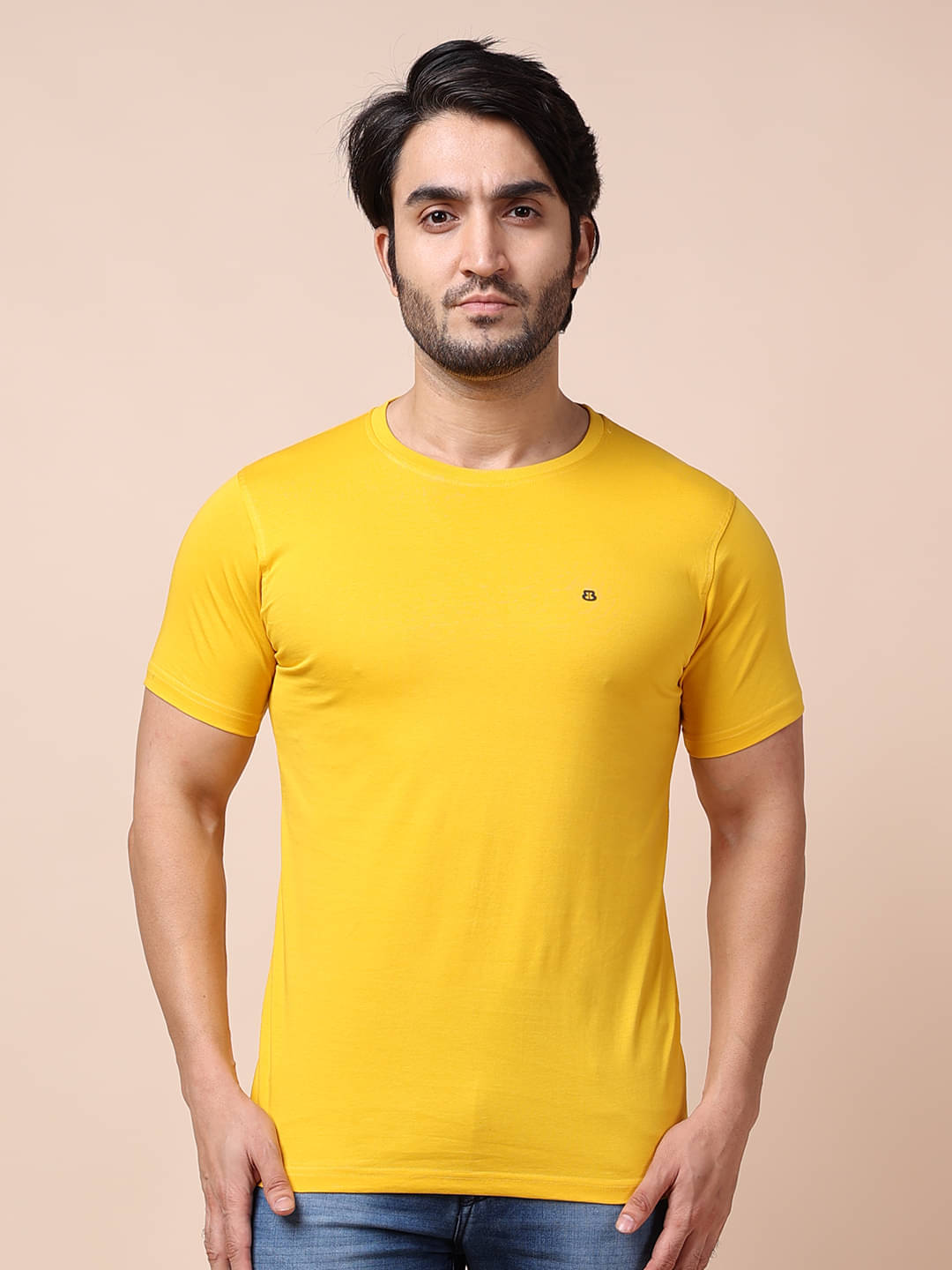     			BERRYBLUES 100% Cotton Regular Fit Solid Half Sleeves Men's Round T-Shirt - Yellow ( Pack of 1 )