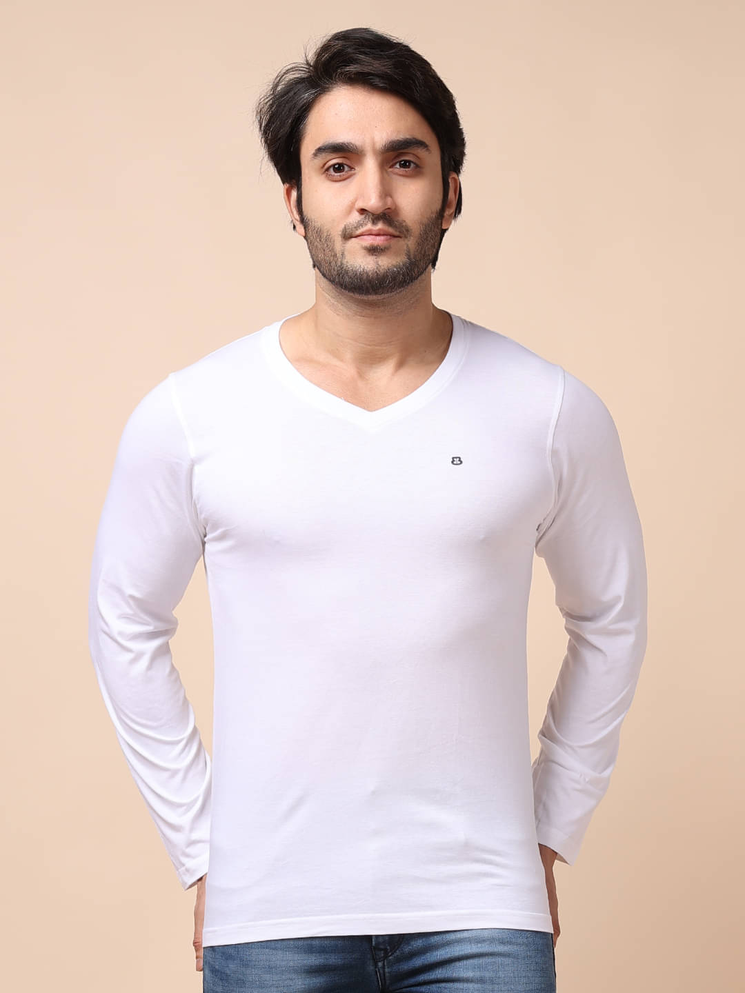 BERRYBLUES 100% Cotton Regular Fit Solid Full Sleeves Men's V-Neck T-Shirt - White ( Pack of 1 ) BERRYBLUES 100% Cotton Regular Fit Solid Full Sleeves Men's V-Neck T-Shirt - White ( Pack of 1 )
