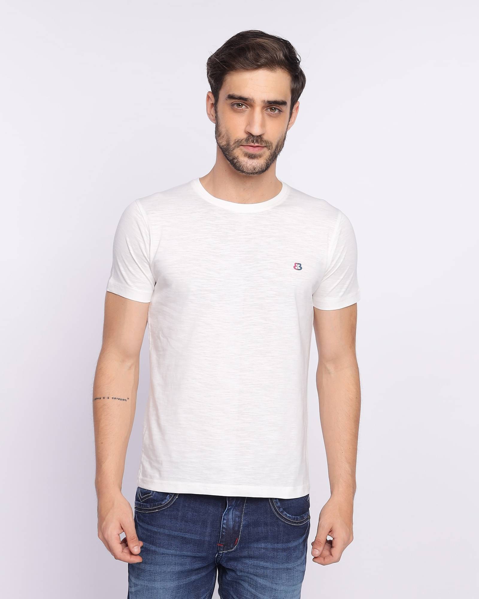     			BERRYBLUES 100% Cotton Regular Fit Solid Half Sleeves Men's Round T-Shirt - Off-White ( Pack of 1 )