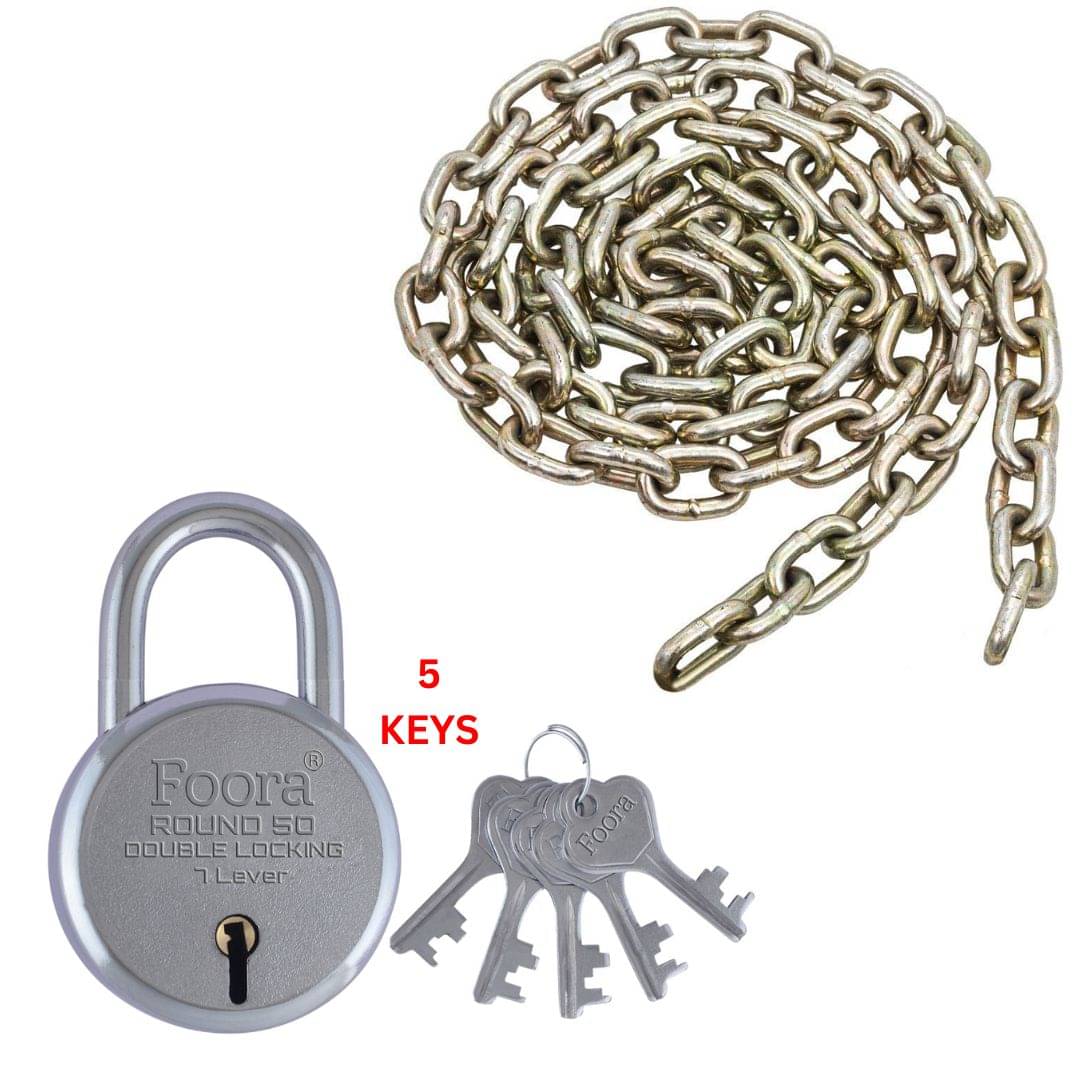 Foora Round 50mm Lock with 5 Keys, Double Locking, 7 Lever Mechanism, 3-Inch Heavy Duty Iron Chain, Multipurpose Use Foora Round 50mm Lock with 5 Keys, Double Locking, 7 Lever Mechanism, 3-Inch Heavy Duty Iron Chain, Multipurpose Use