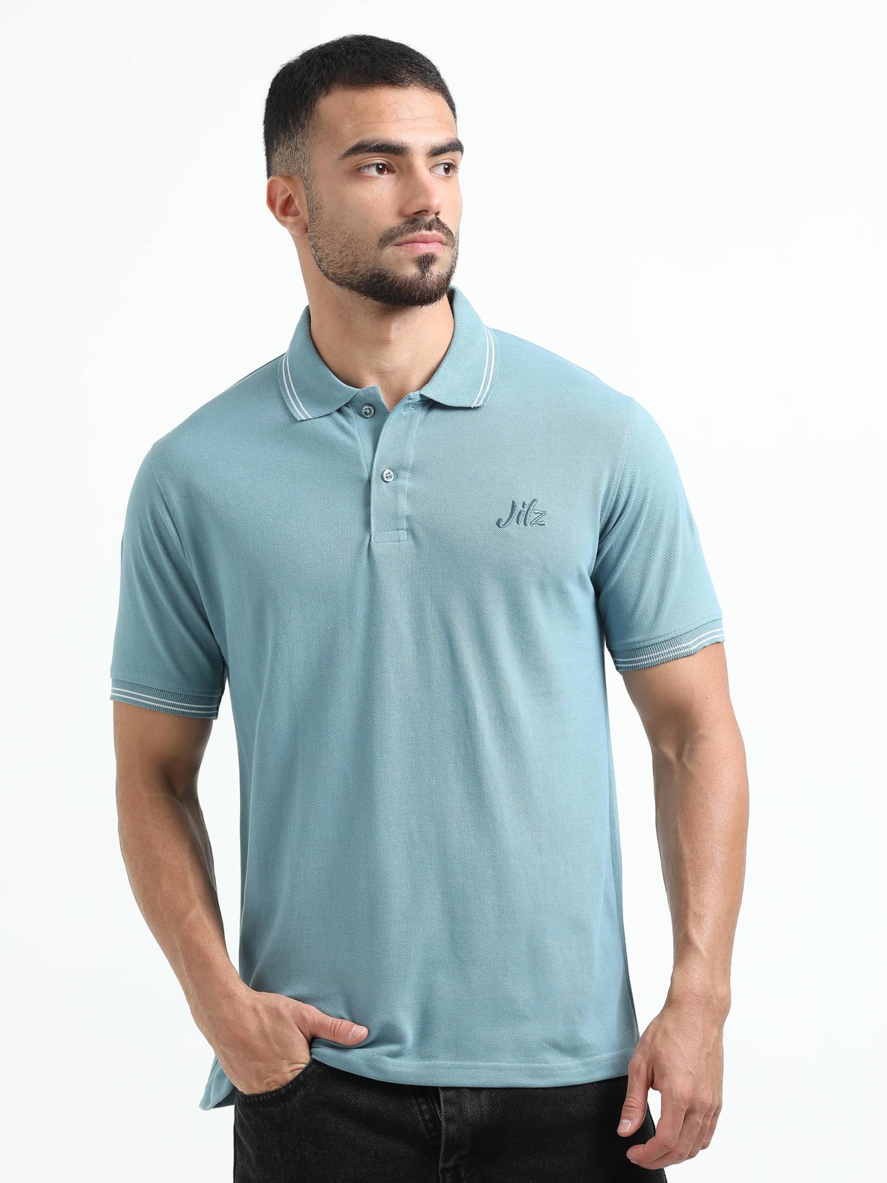     			JILZ Pack of 1 Cotton Regular Fit Solid Half Sleeves Men's Polo T Shirt ( Teal Blue )
