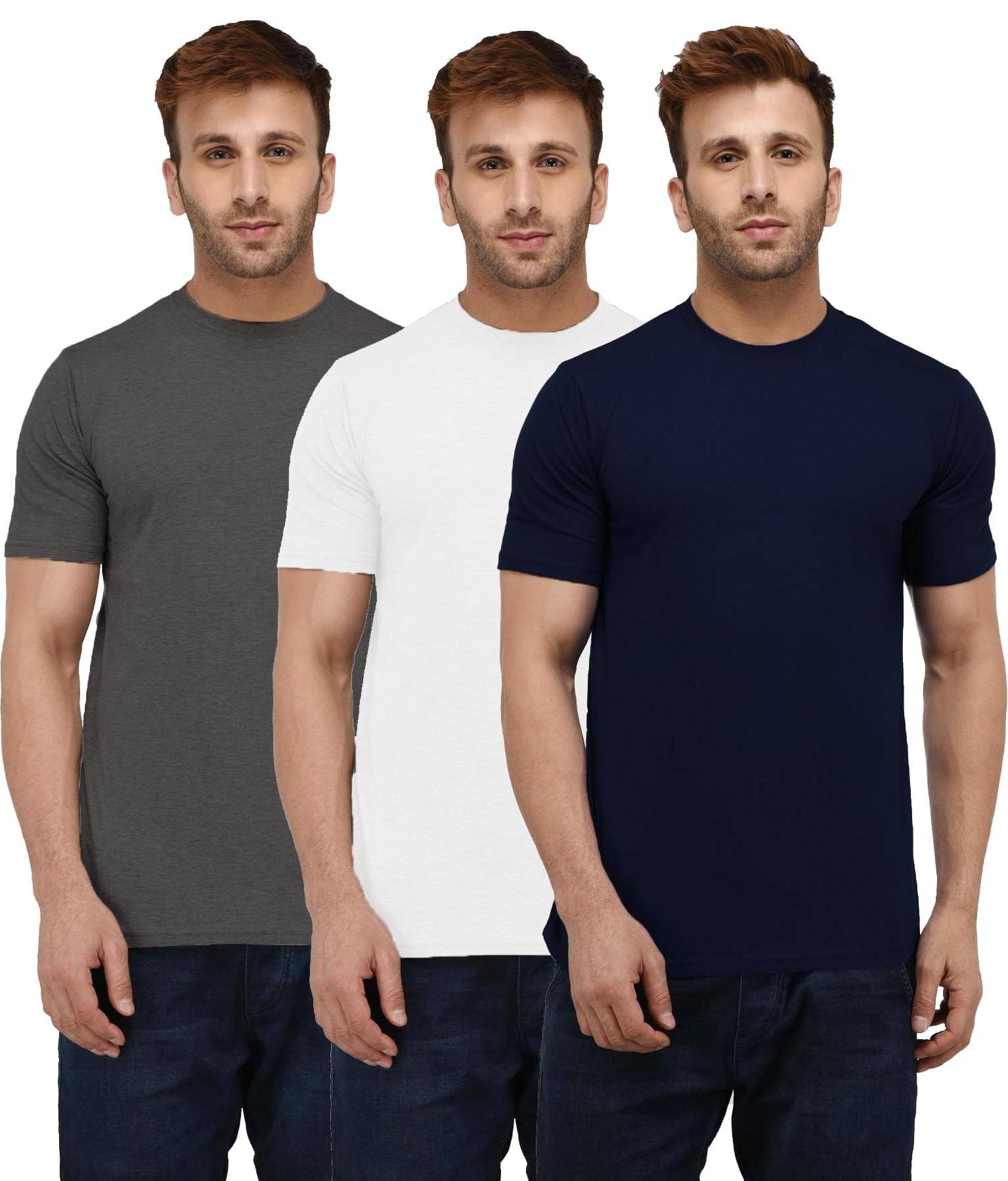    			LONDON HILLS Cotton Blend Regular Fit Solid Half Sleeves Men's Round T-Shirt - Dark Grey ( Pack of 3 )
