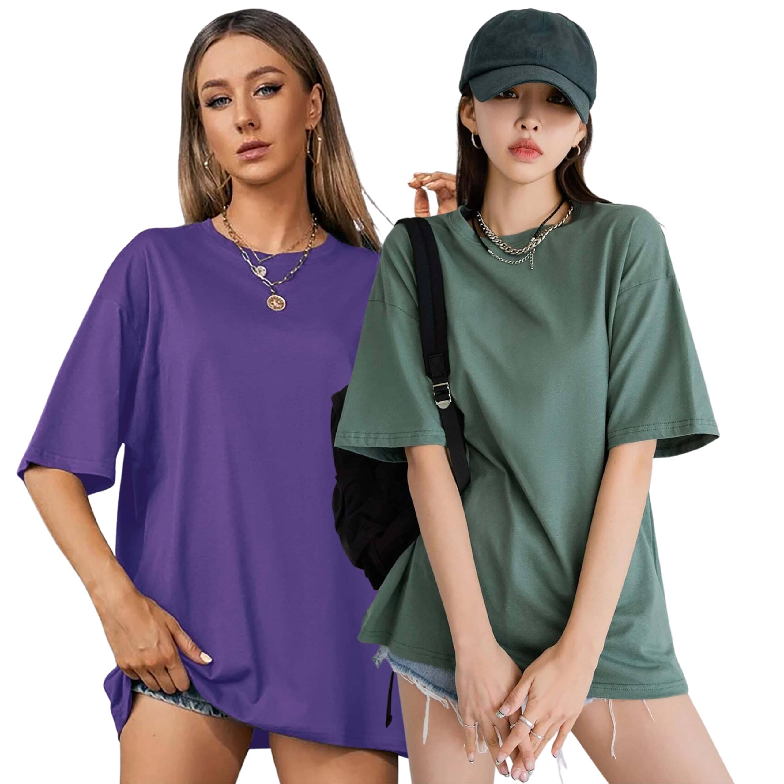     			LONDON HILLS Women Cotton Blend Solid Oversized Fit Round Neck T-Shirt ( Purple )