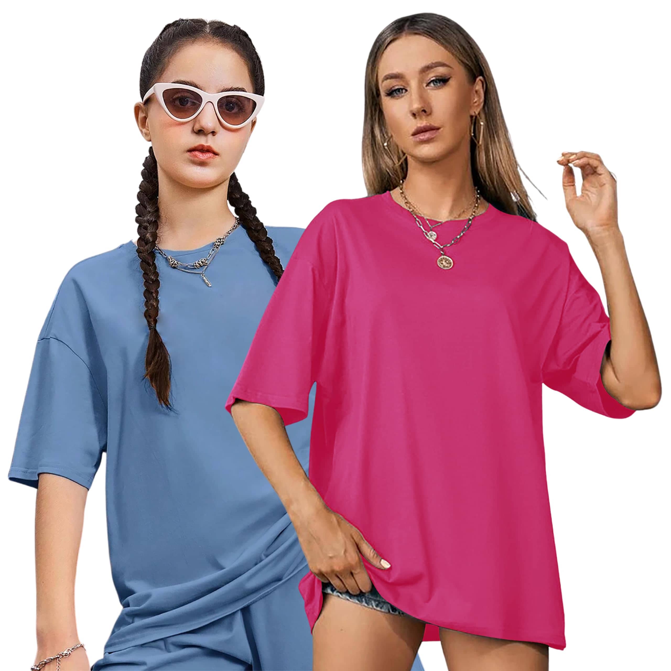LONDON HILLS Women Cotton Blend Solid Oversized Fit Round Neck T-Shirt ( Blue )