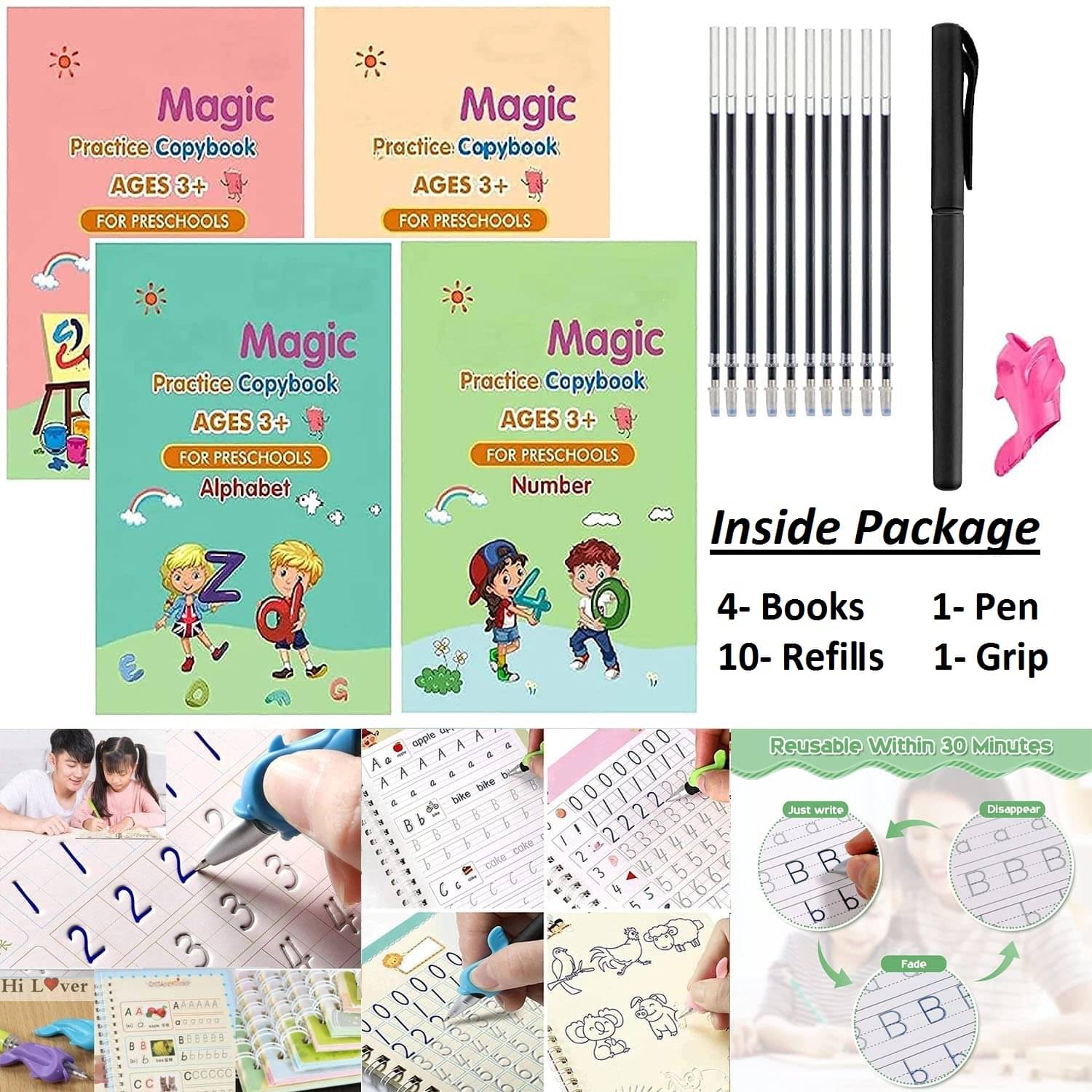 Magic practice book for Kids, Practice Copybook for Kids Reusable Calligraphy Books For Kids (Book + 5 Refills + Pen + grip) Number Tracing Alphabets writing for Kids age 3+ Magic practice book for Kids, Practice Copybook for Kids Reusable Calligraphy Books For Kids (Book + 5 Refills + Pen + grip) Number Tracing Alphabets writing for Kids age 3+