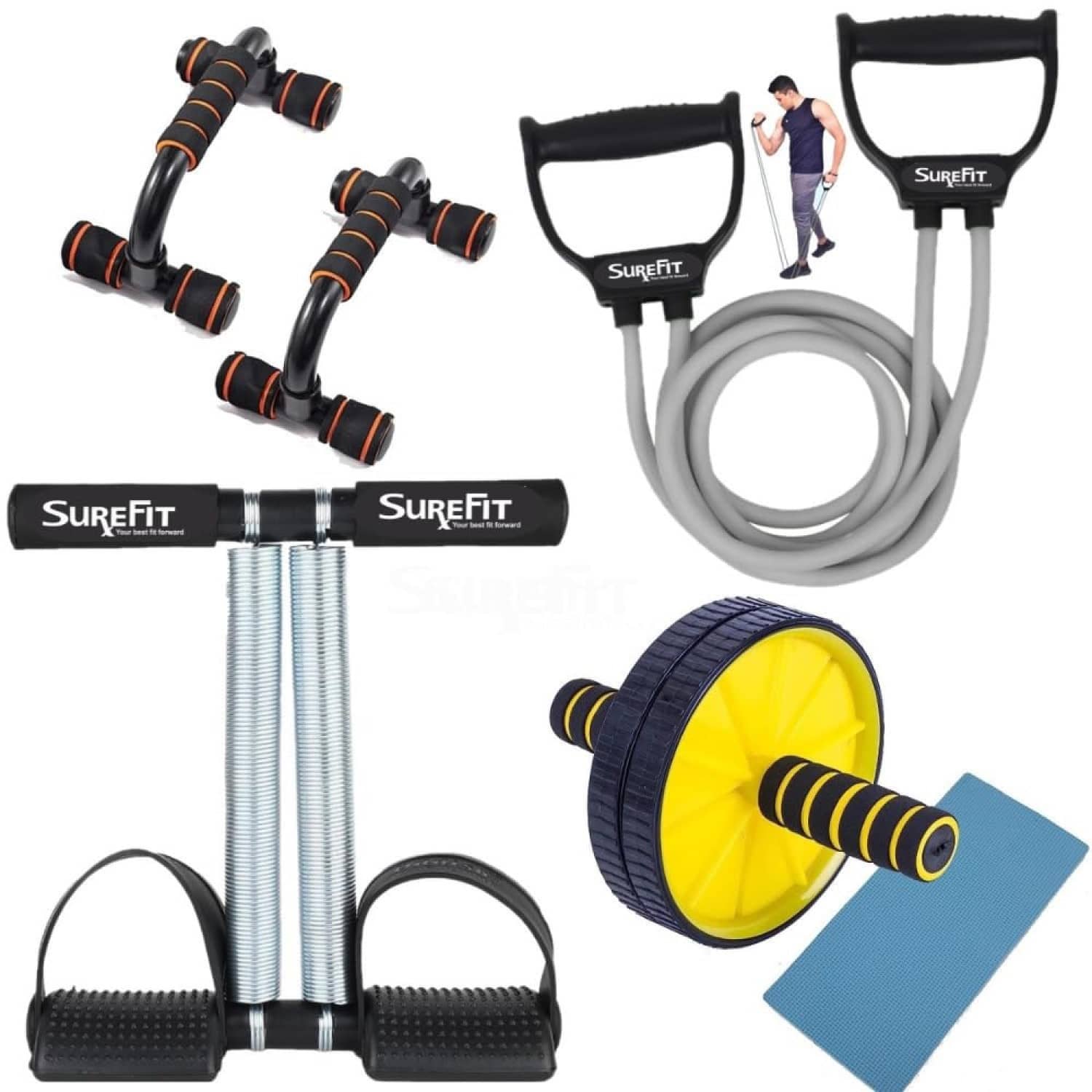 ODDISH EXERCISE-KIT / Full Body Home Workout Equipment Set for Men & Women / Includes Tummy trimmer Double Spring With Comfertable Foam Grip Handle, Resistance Bands, Push-Up Bar & AB Roller / Ideal for Strength Training, Abs, and Cardio - Sports and Fitness Equipment | Buy online on ZillyBuy