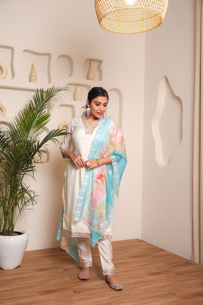 Sanjana Silks Chanderi Embroidered Kurti With Pants Women's Stitched Salwar Suit - White ( Pack of 1 ) Sanjana Silks Chanderi Embroidered Kurti With Pants Women's Stitched Salwar Suit - White ( Pack of 1 )