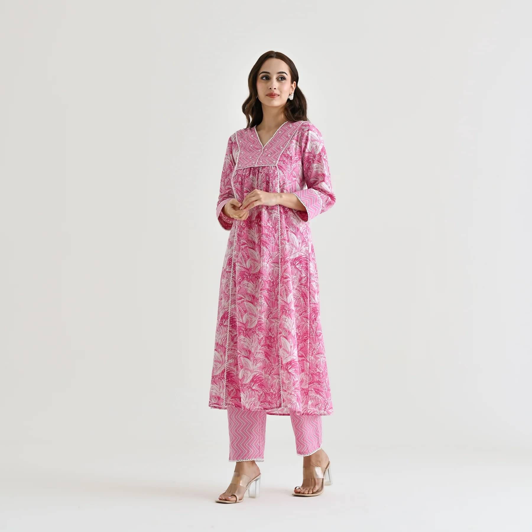     			Sanwariya Silk Cotton Printed Kurti With Pants Women's Stitched Salwar Suit - Pink ( Pack of 1 )