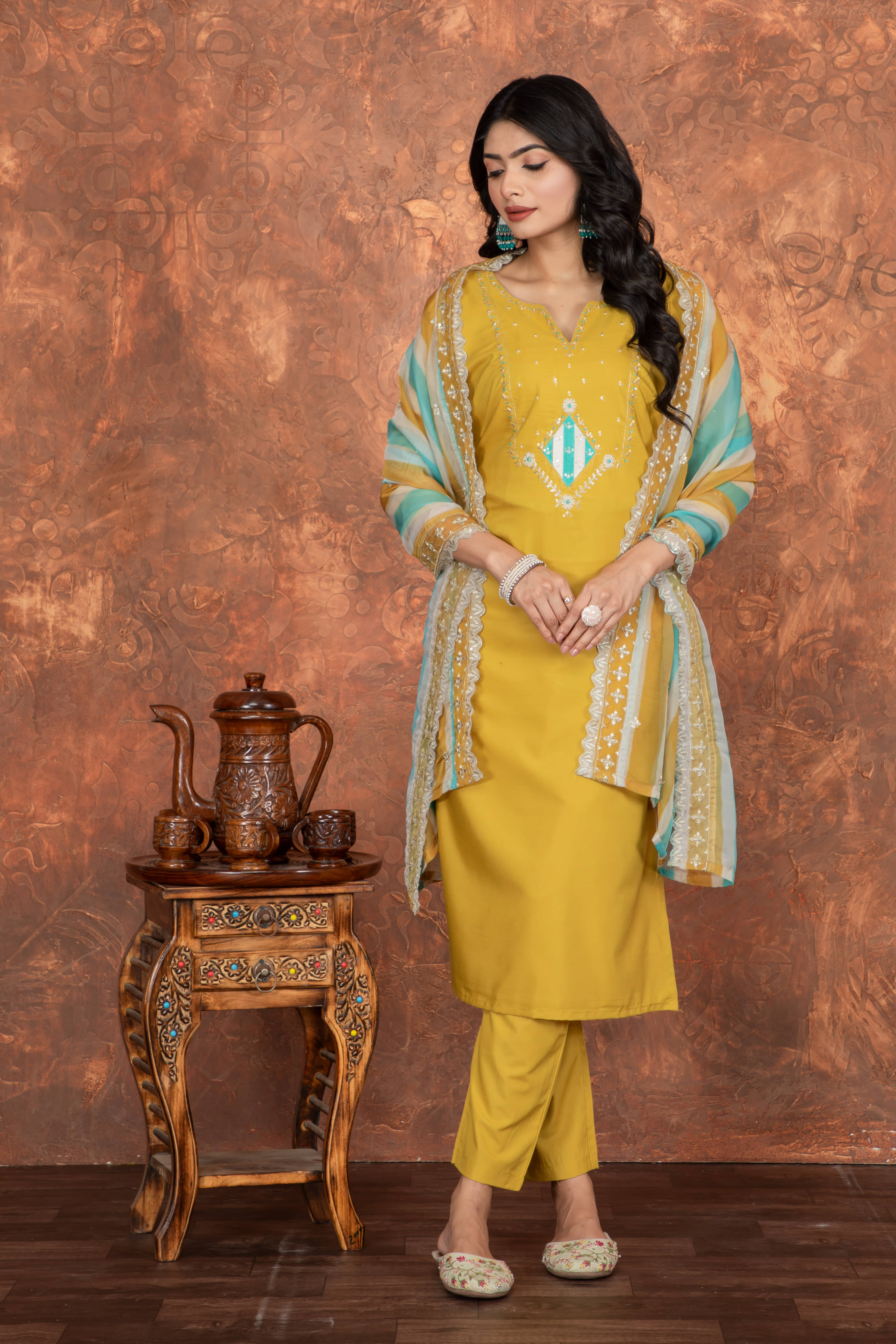 Sanwariya Silk Silk Blend Embroidered Kurti With Pants Women's Stitched Salwar Suit - Yellow ( Pack of 1 ) Sanwariya Silk Silk Blend Embroidered Kurti With Pants Women's Stitched Salwar Suit - Yellow ( Pack of 1 )