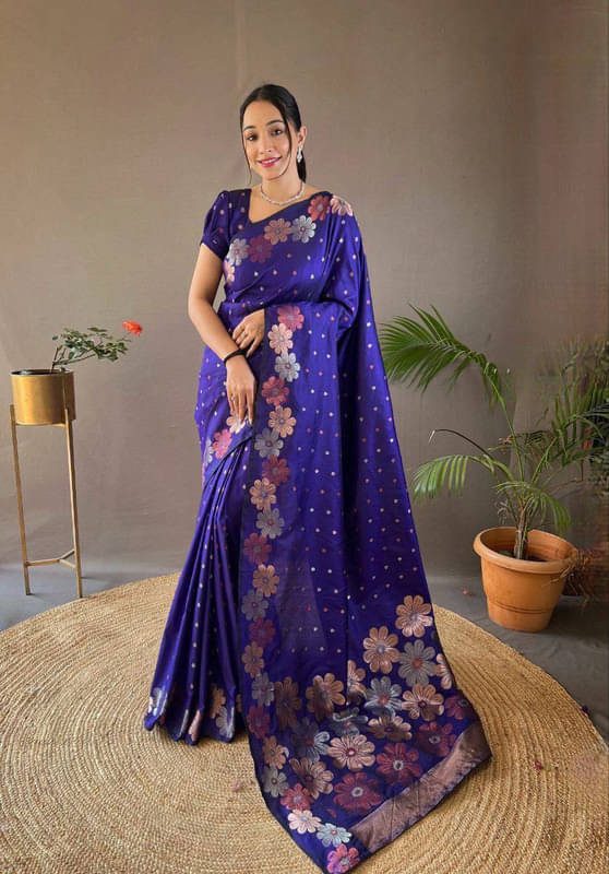Sanwariya Silks Silk Blend Printed Saree With Unstitched Blouse Piece ( Blue ) Sanwariya Silks Silk Blend Printed Saree With Unstitched Blouse Piece ( Blue )