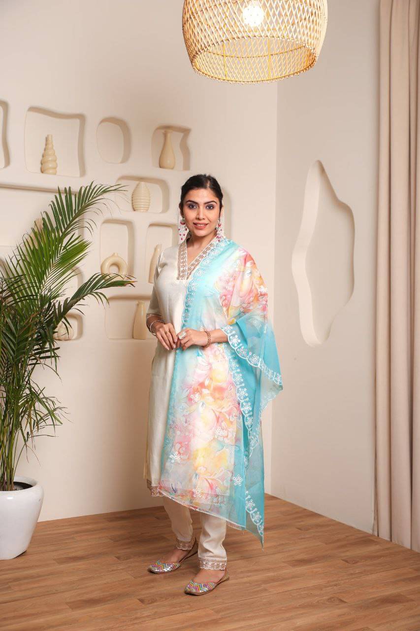 Sitanjali Chanderi Solid Kurti With Pants Women's Stitched Salwar Suit - White ( Pack of 1 ) Sitanjali Chanderi Solid Kurti With Pants Women's Stitched Salwar Suit - White ( Pack of 1 )