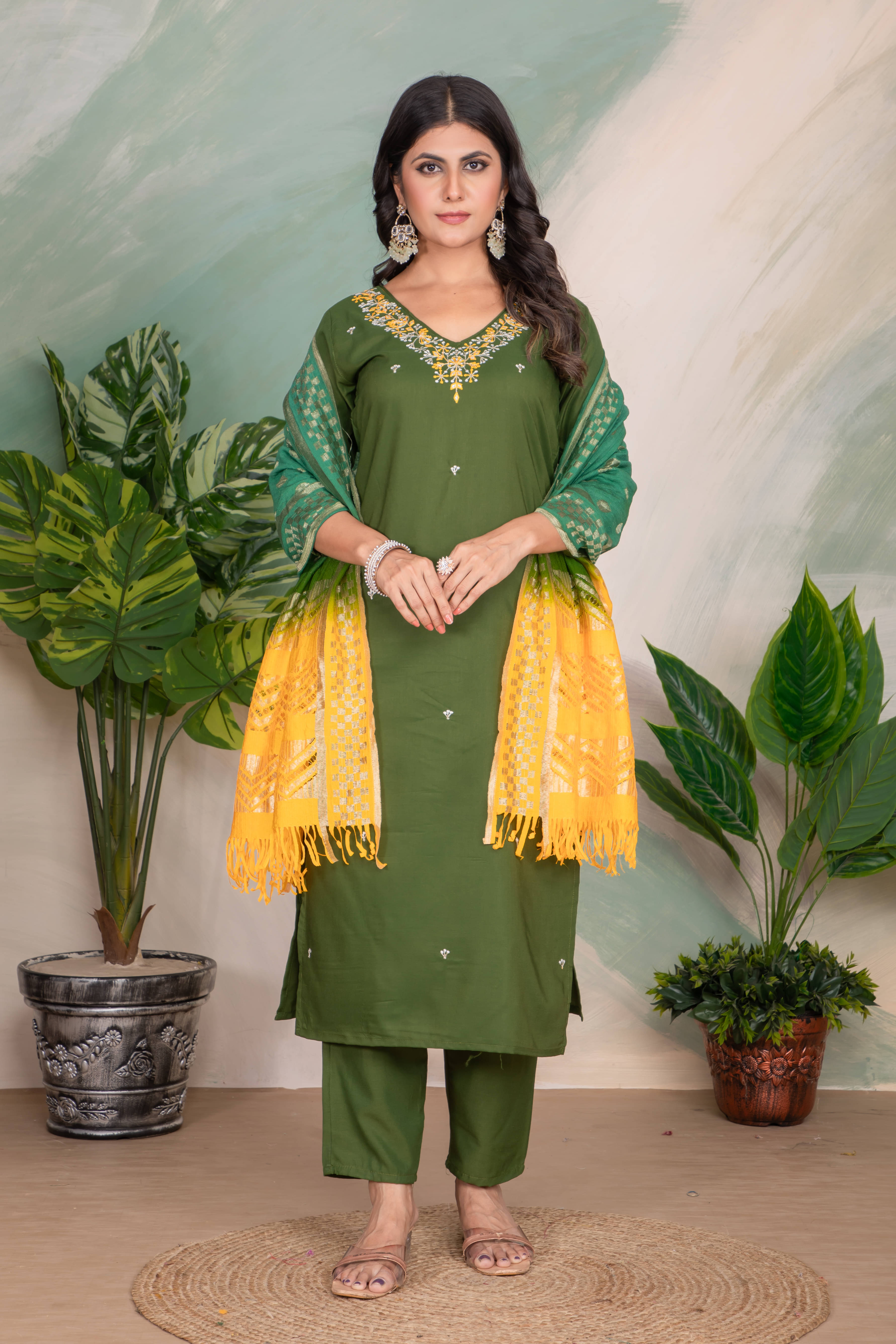     			Sitanjali Lifestyle Silk Blend Embroidered Kurti With Pants Women's Stitched Salwar Suit - Yellow ( Pack of 1 )