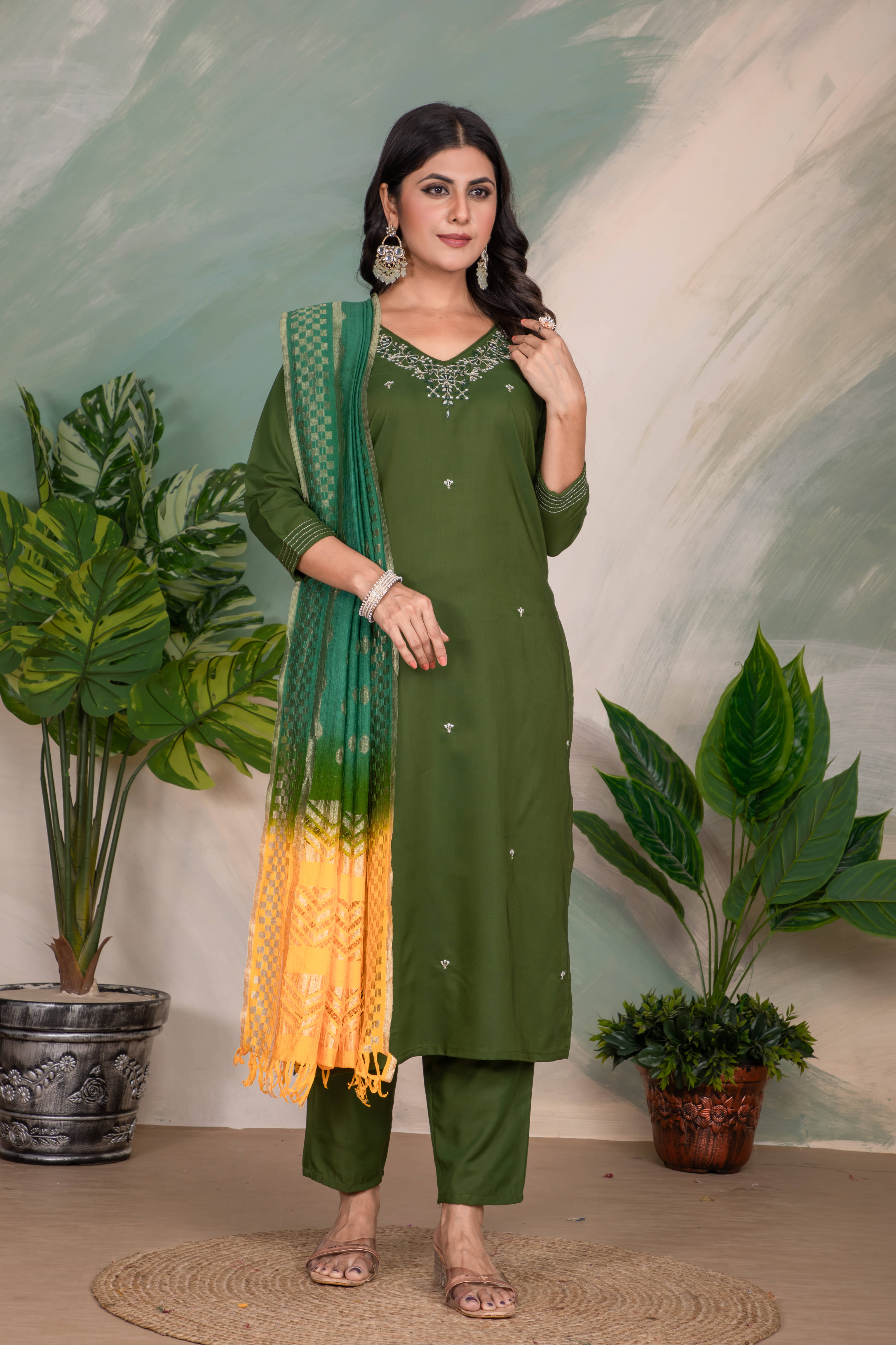     			Sitanjali Silk Blend Printed Kurti With Pants Women's Stitched Salwar Suit - Green ( Pack of 1 )
