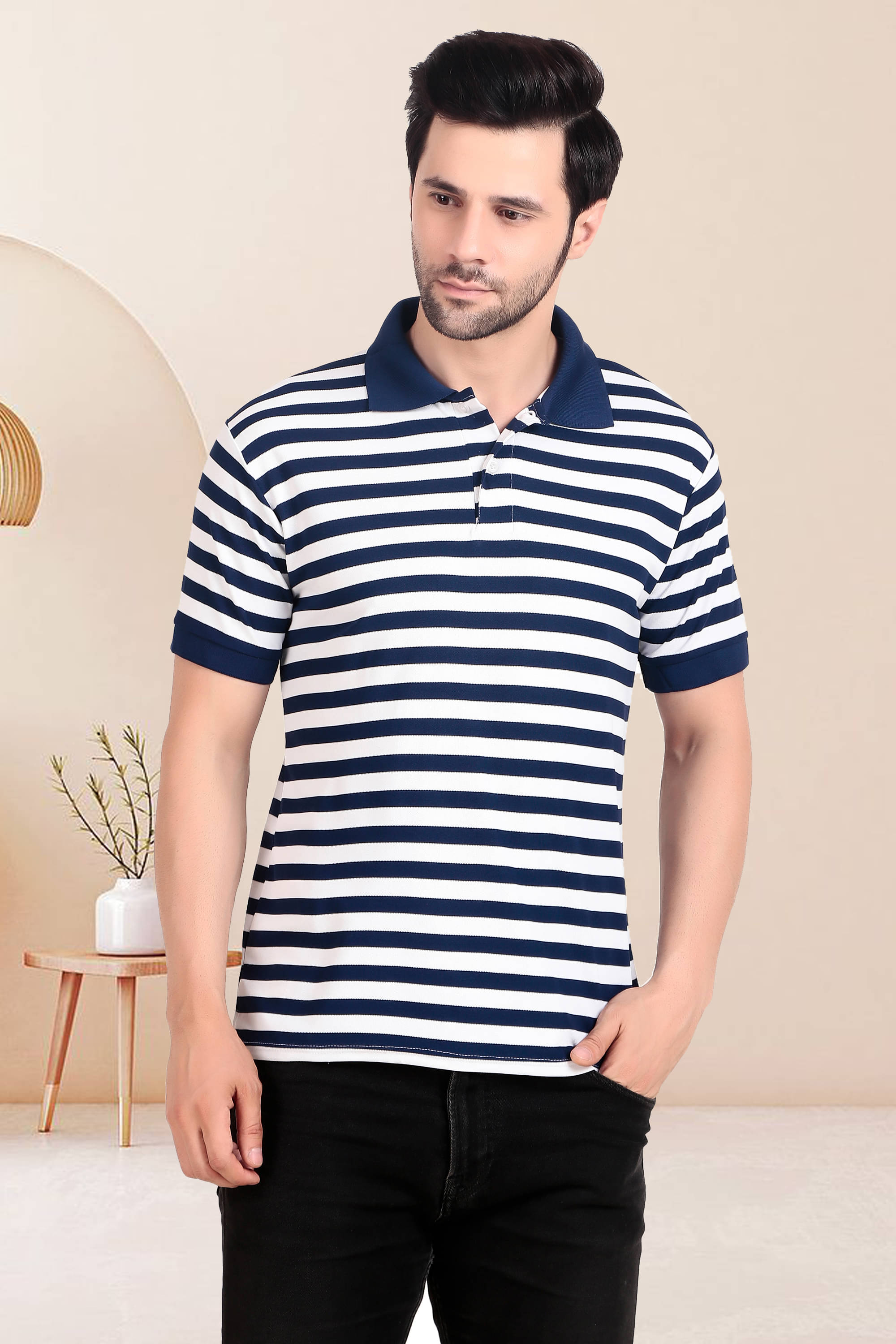 TQH Pack of 1 Polyester Regular Fit Striped Half Sleeves Men's Polo T Shirt ( Navy Blue ) TQH Pack of 1 Polyester Regular Fit Striped Half Sleeves Men's Polo T Shirt ( Navy Blue )