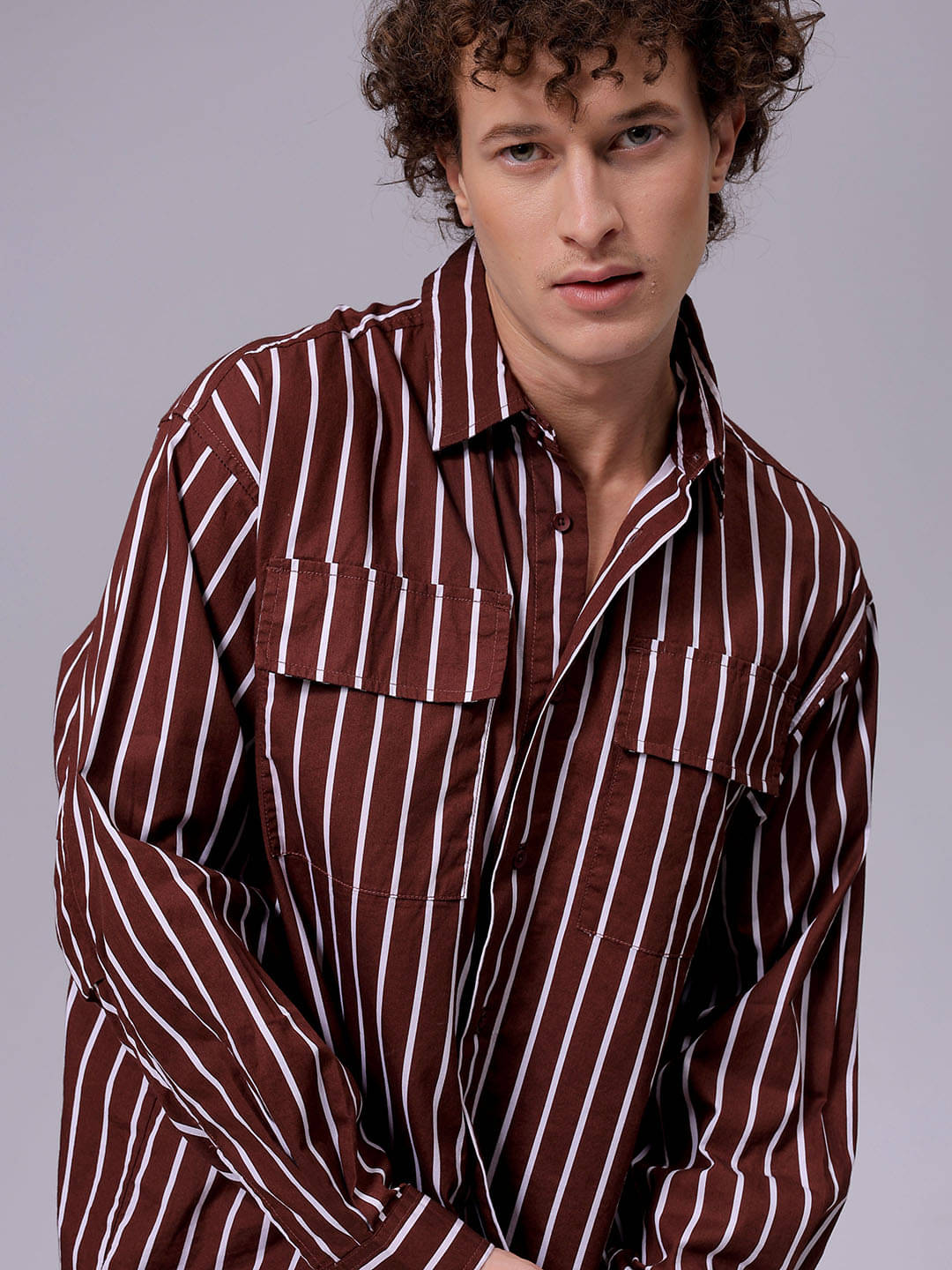     			The Indian Garage Co. 100% Cotton Oversized Fit Striped Full Sleeves Men's Casual Shirt - Brown ( Pack of 1 )