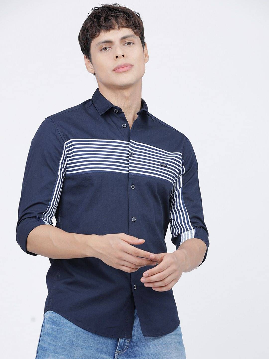     			The Indian Garage Co. 100% Cotton Slim Fit Striped Full Sleeves Men's Casual Shirt - Navy Blue ( Pack of 1 )