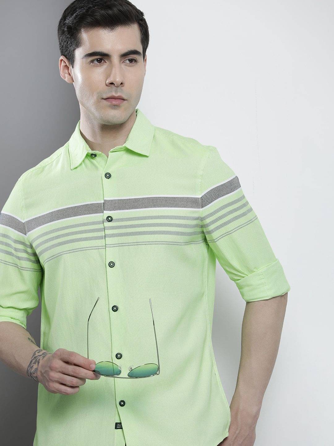     			The Indian Garage Co. 100% Cotton Regular Fit Striped Full Sleeves Men's Casual Shirt - Green ( Pack of 1 )