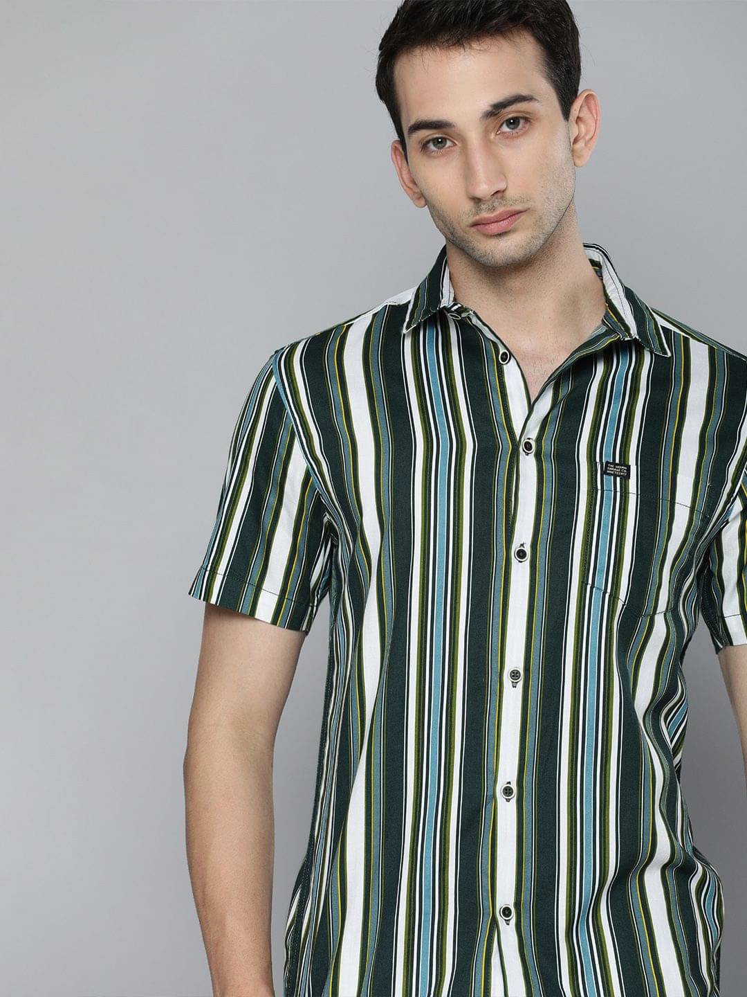     			The Indian Garage Co. 100% Cotton Slim Fit Striped Half Sleeves Men's Casual Shirt - Green ( Pack of 1 )