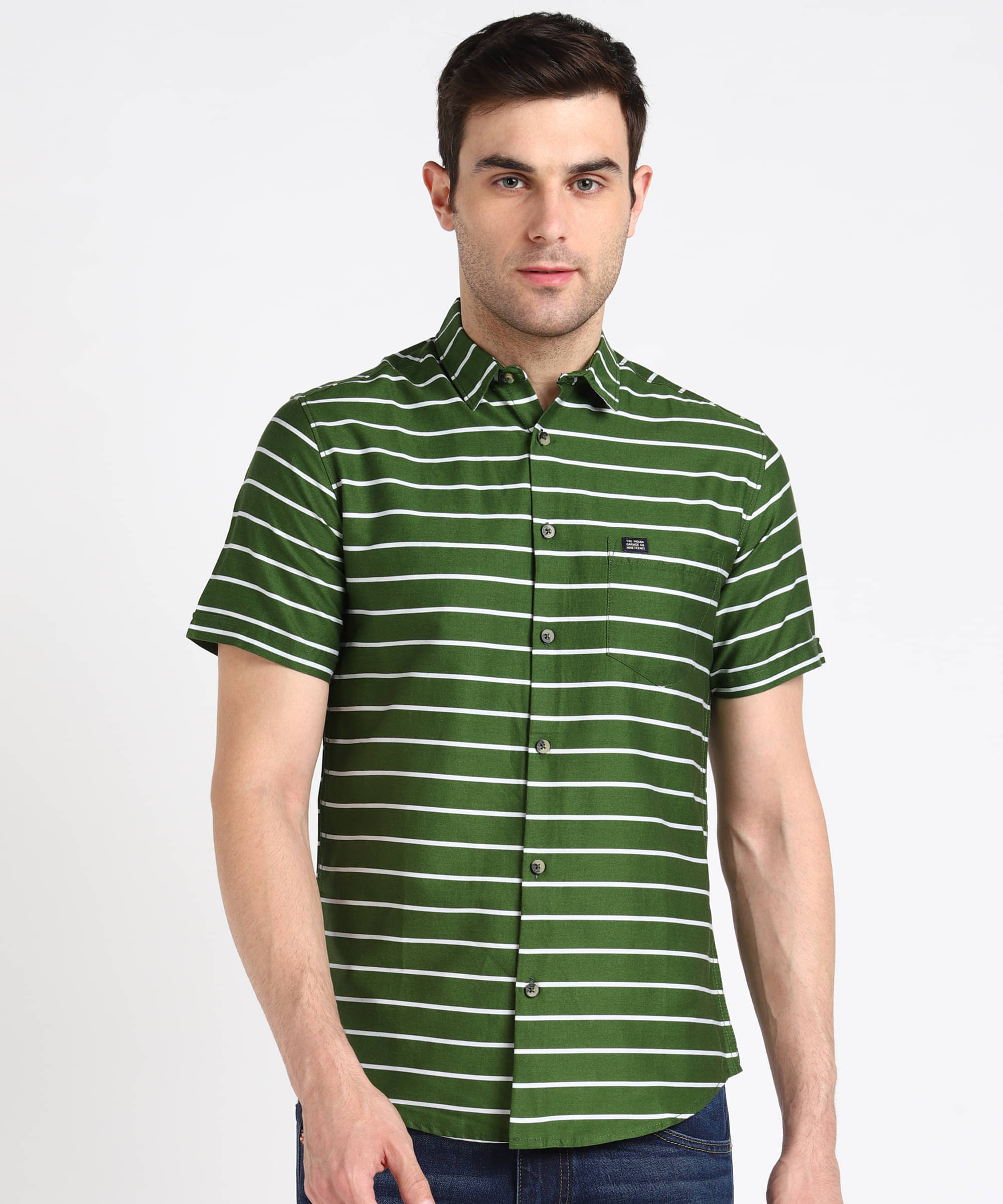     			The Indian Garage Co. 100% Cotton Slim Fit Striped Half Sleeves Men's Casual Shirt - Olive ( Pack of 1 )