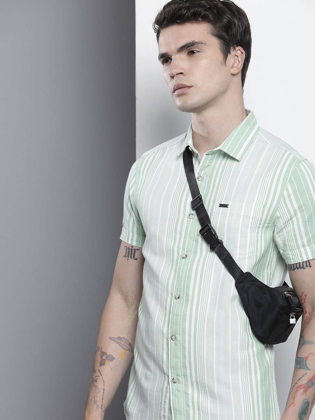 The Indian Garage Co. Poly Cotton Slim Fit Striped Half Sleeves Men's Casual Shirt - Green ( Pack of 1 ) The Indian Garage Co. Poly Cotton Slim Fit Striped Half Sleeves Men's Casual Shirt - Green ( Pack of 1 )