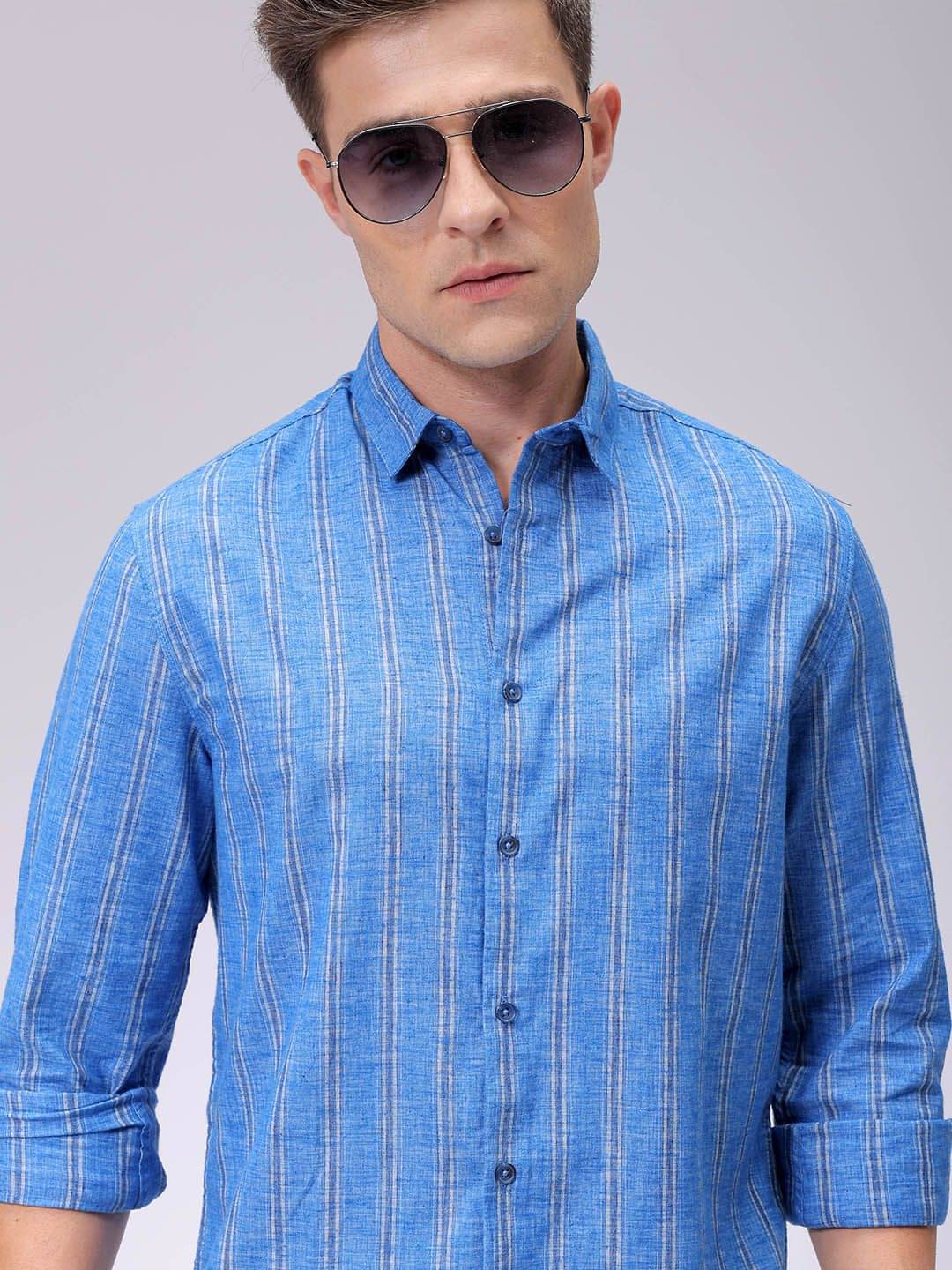 The Indian Garage Co. Poly Cotton Slim Fit Striped Full Sleeves Men's Casual Shirt - Blue ( Pack of 1 ) The Indian Garage Co. Poly Cotton Slim Fit Striped Full Sleeves Men's Casual Shirt - Blue ( Pack of 1 )