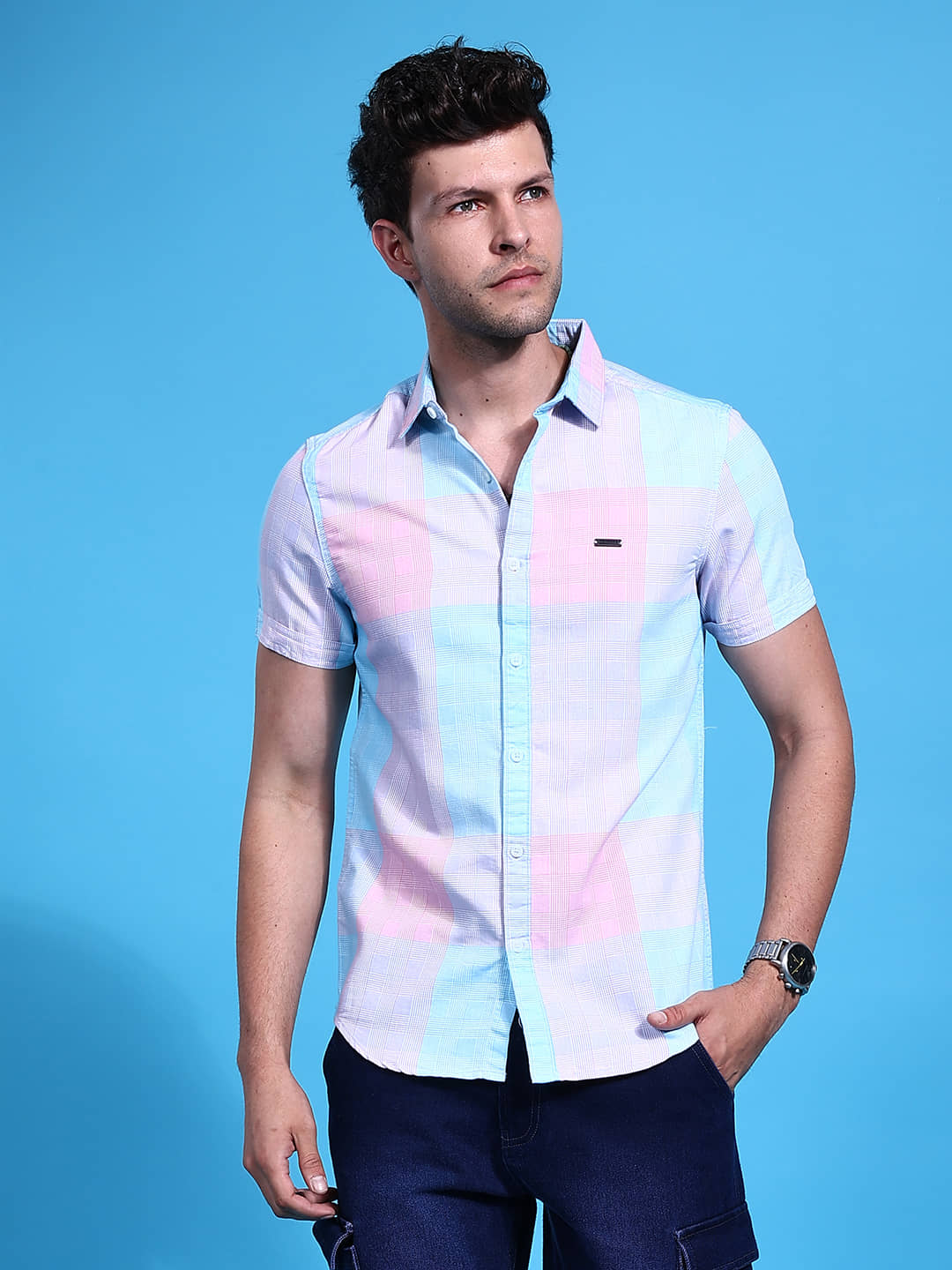 The Indian Garage Co. Poly Cotton Slim Fit Checks Half Sleeves Men's Casual Shirt - Pink ( Pack of 1 )