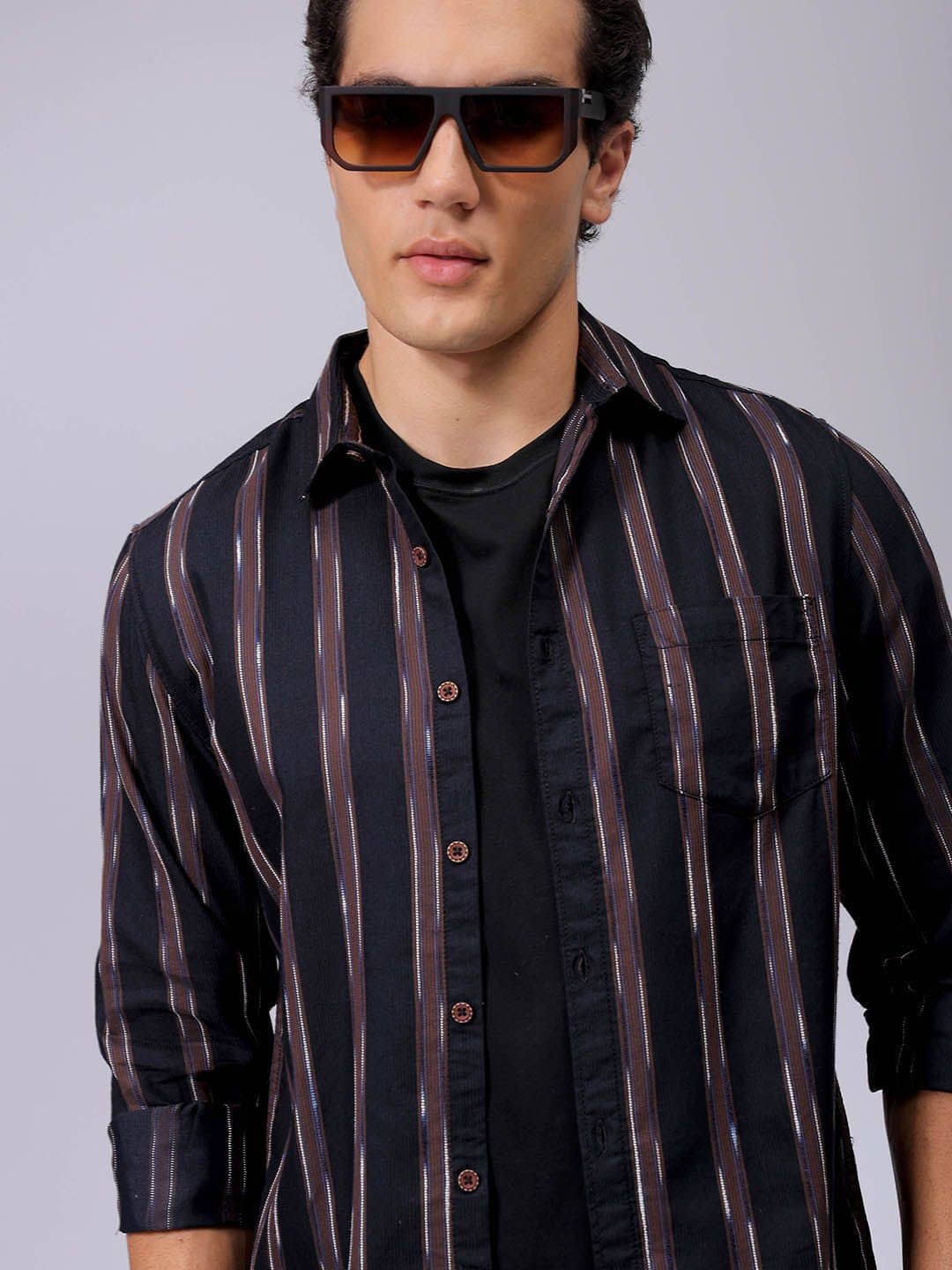 The Indian Garage Co. Poly Cotton Slim Fit Striped Full Sleeves Men's Casual Shirt - Brown ( Pack of 1 )