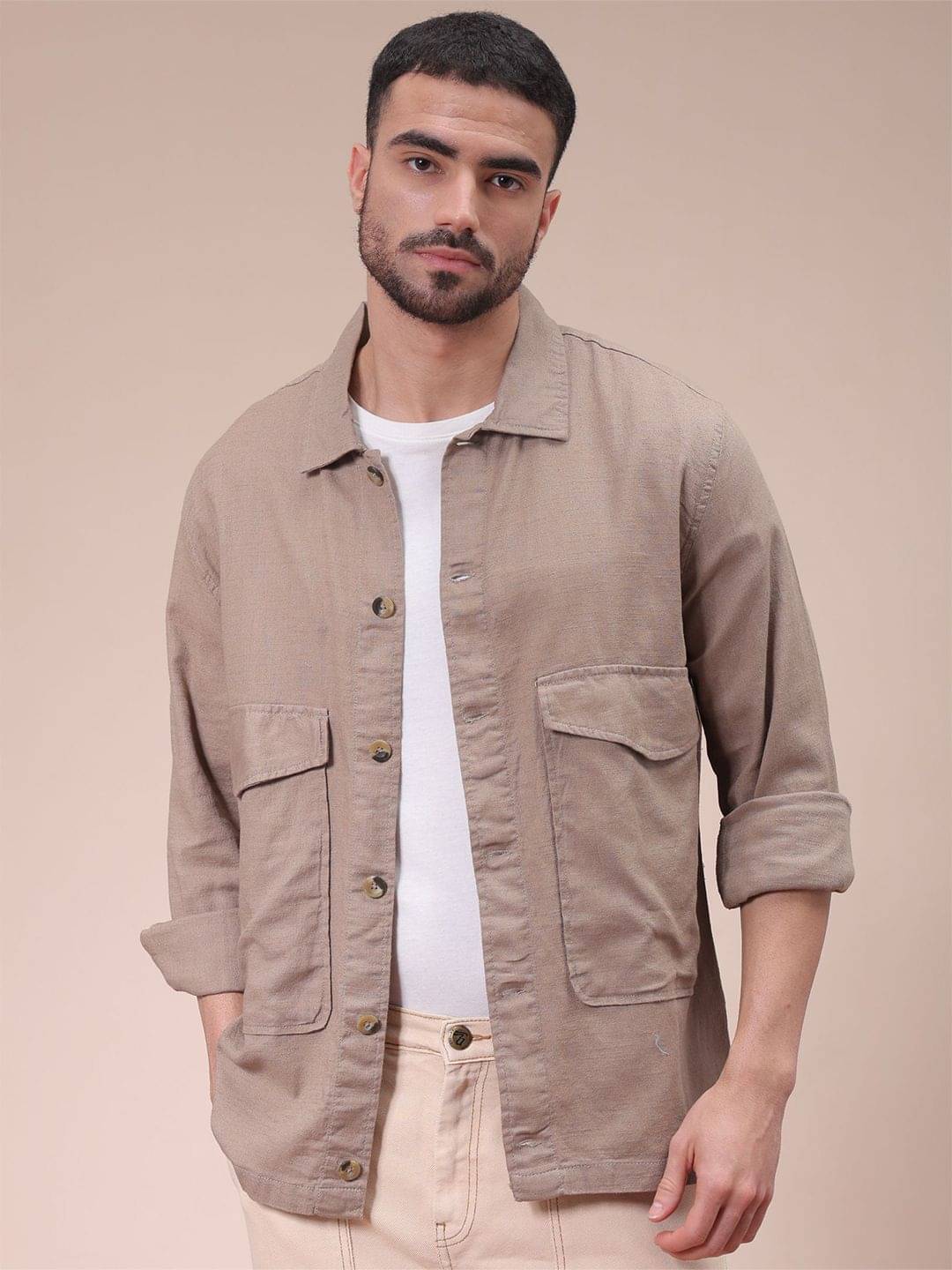     			The Indian Garage Co. Polyester Regular Fit Solids Full Sleeves Men's Casual Shirt - Beige ( Pack of 1 )