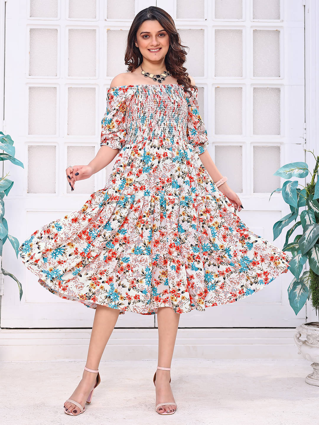 Trijal Fab Crepe Printed Midi Women's Fit & Flare Dress - Multi Color ( Pack of 1 ) Trijal Fab Crepe Printed Midi Women's Fit & Flare Dress - Multi Color ( Pack of 1 )