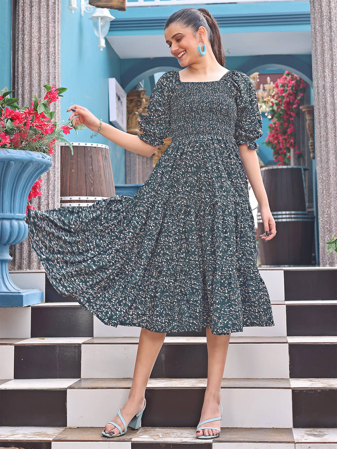     			Trijal Fab Women Crepe Printed Fit & Flare Dress ( Blue )
