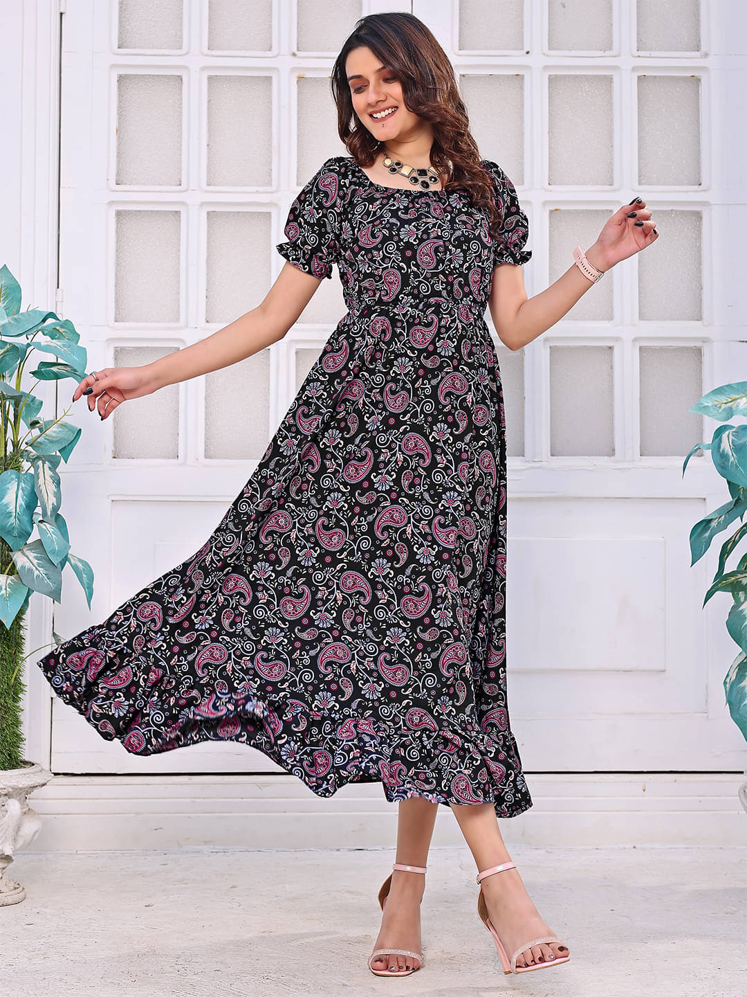 Trijal Fab Crepe Printed Midi Women's Fit & Flare Dress - Black ( Pack of 1 ) Trijal Fab Crepe Printed Midi Women's Fit & Flare Dress - Black ( Pack of 1 )