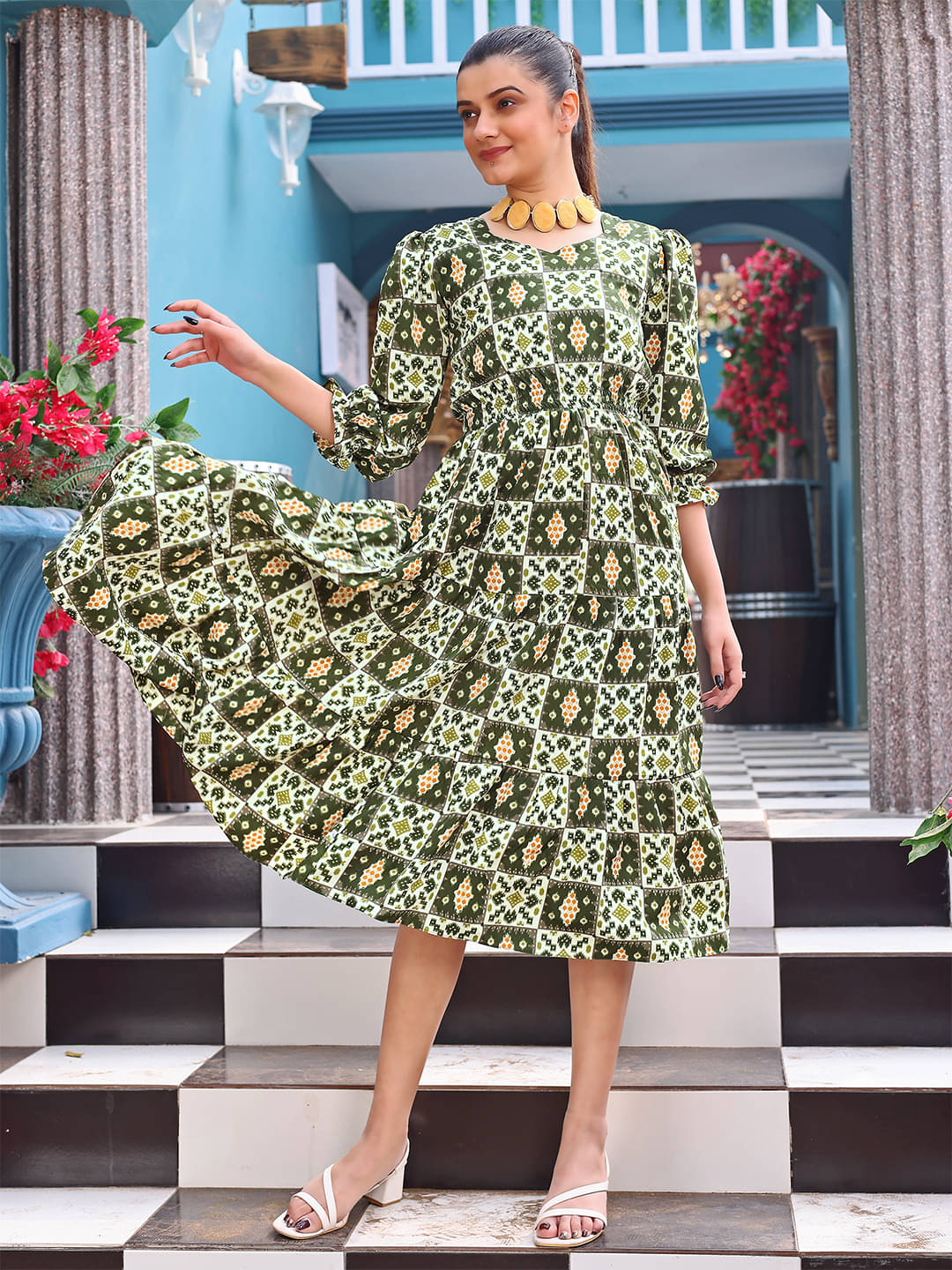 Trijal Fab Crepe Printed Midi Women's Fit & Flare Dress - Green ( Pack of 1 ) Trijal Fab Crepe Printed Midi Women's Fit & Flare Dress - Green ( Pack of 1 )