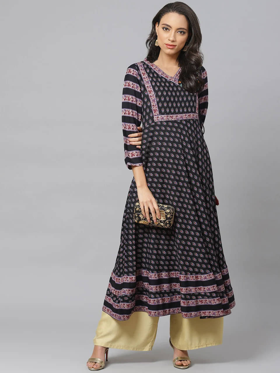 Yash Gallery Pack of 1 Rayon Printed Flared Women's Kurti - ( Black ) - Kurtis, Tunics | Buy online on ZillyBuy