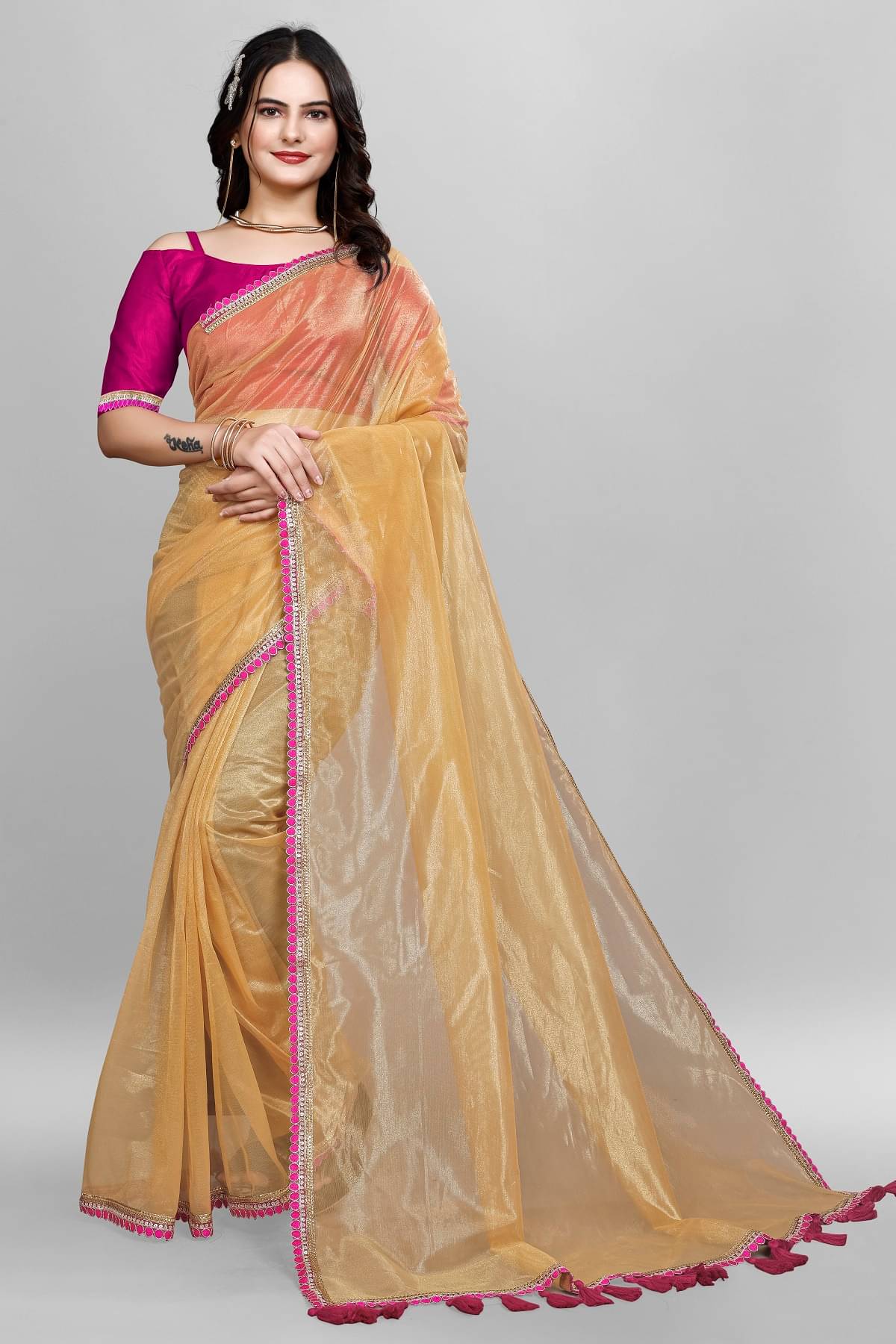     			A TO Z CART Net Solid Saree With Unstitched Blouse Piece ( Cream )