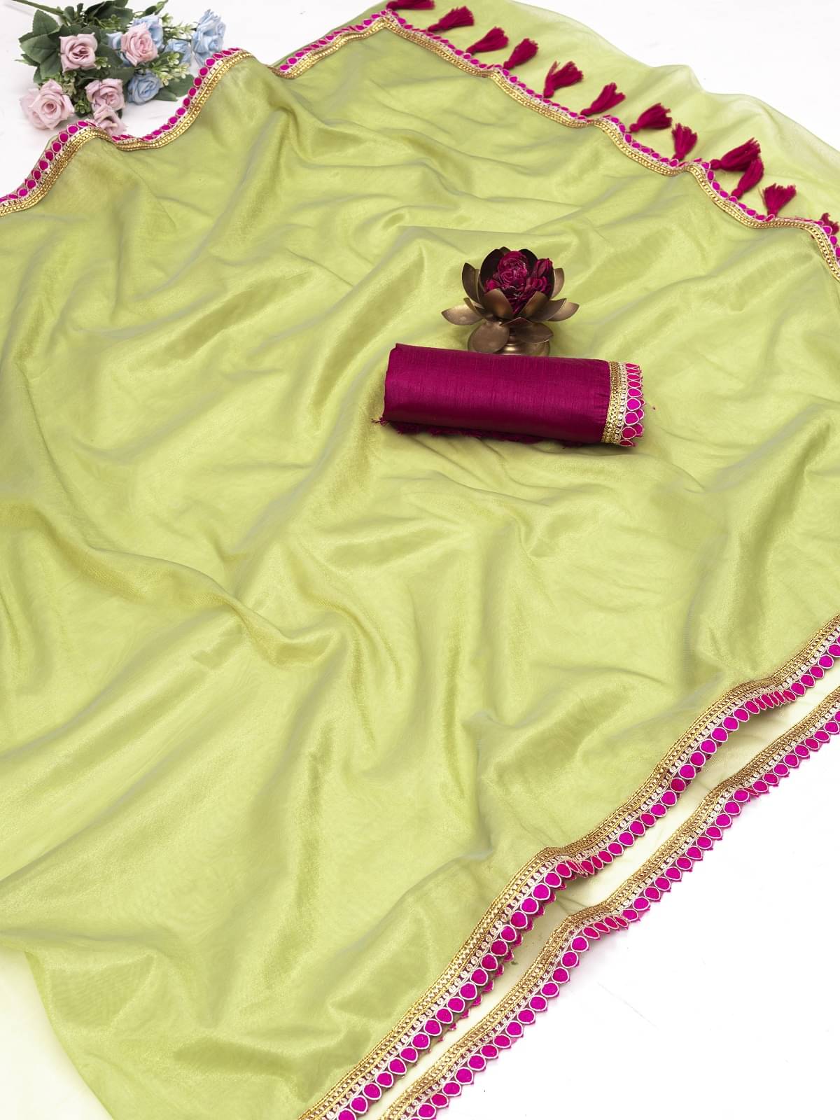 Aika Net Solid Saree With Unstitched Blouse Piece ( Lime Green ) Aika Net Solid Saree With Unstitched Blouse Piece ( Lime Green )