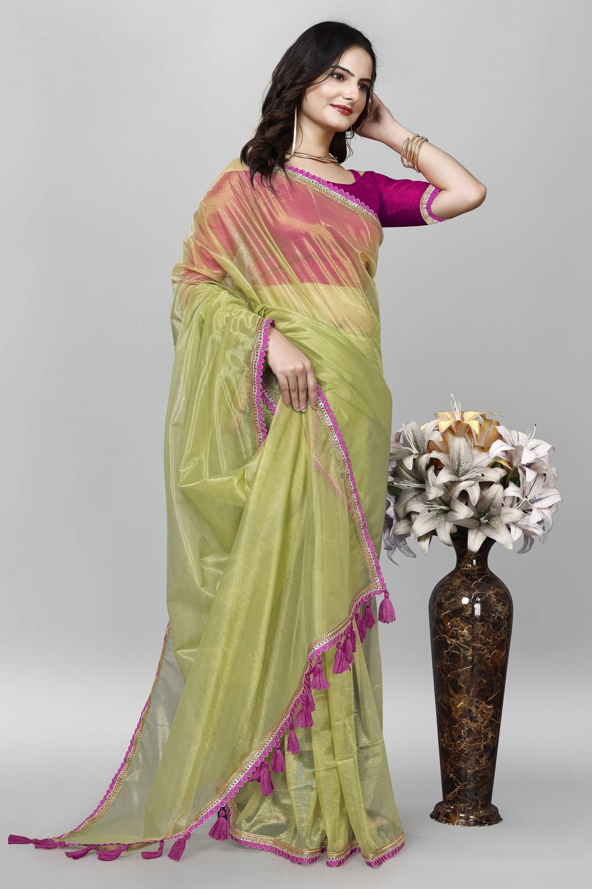 Aika Net Solid Saree With Unstitched Blouse Piece ( Lime Green ) Aika Net Solid Saree With Unstitched Blouse Piece ( Lime Green )