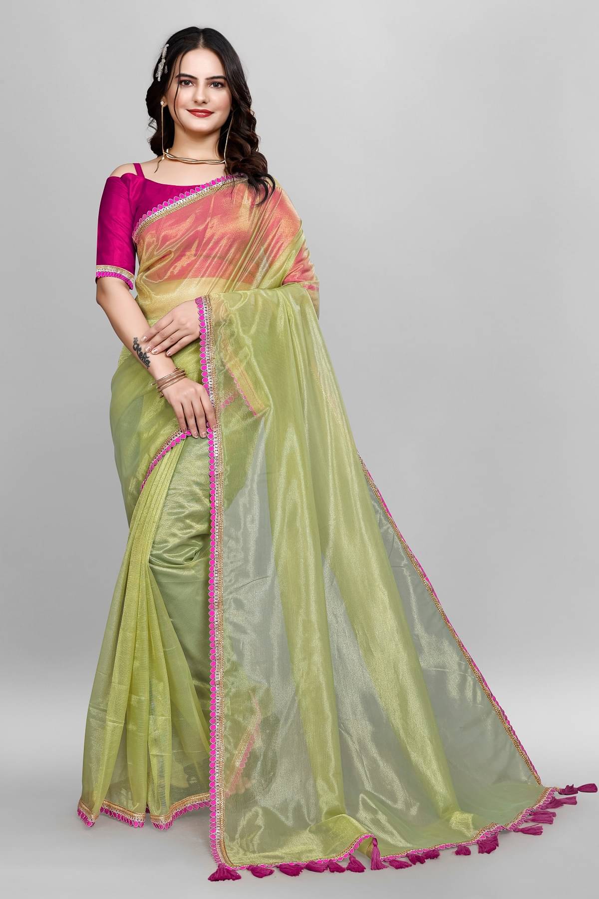 Apnisha Net Solid Saree With Unstitched Blouse Piece ( Lime Green ) Apnisha Net Solid Saree With Unstitched Blouse Piece ( Lime Green )