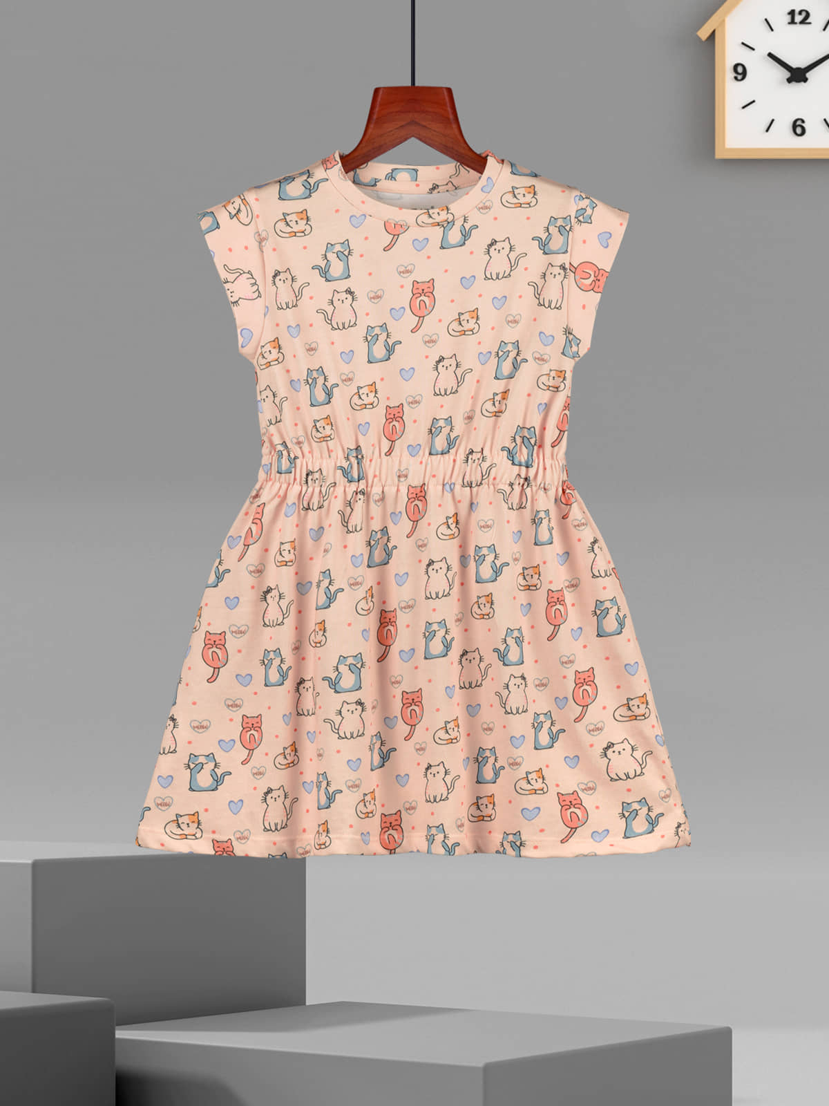 HELLCAT Printed Short Sleeve Casual Dresses for Girls Peach2