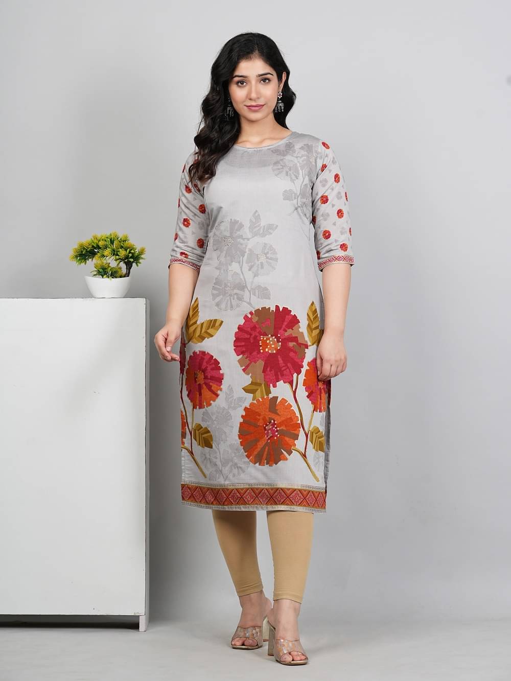    			Hetsa Pack of 1 Chanderi Printed Straight Women's Kurti - ( Grey )