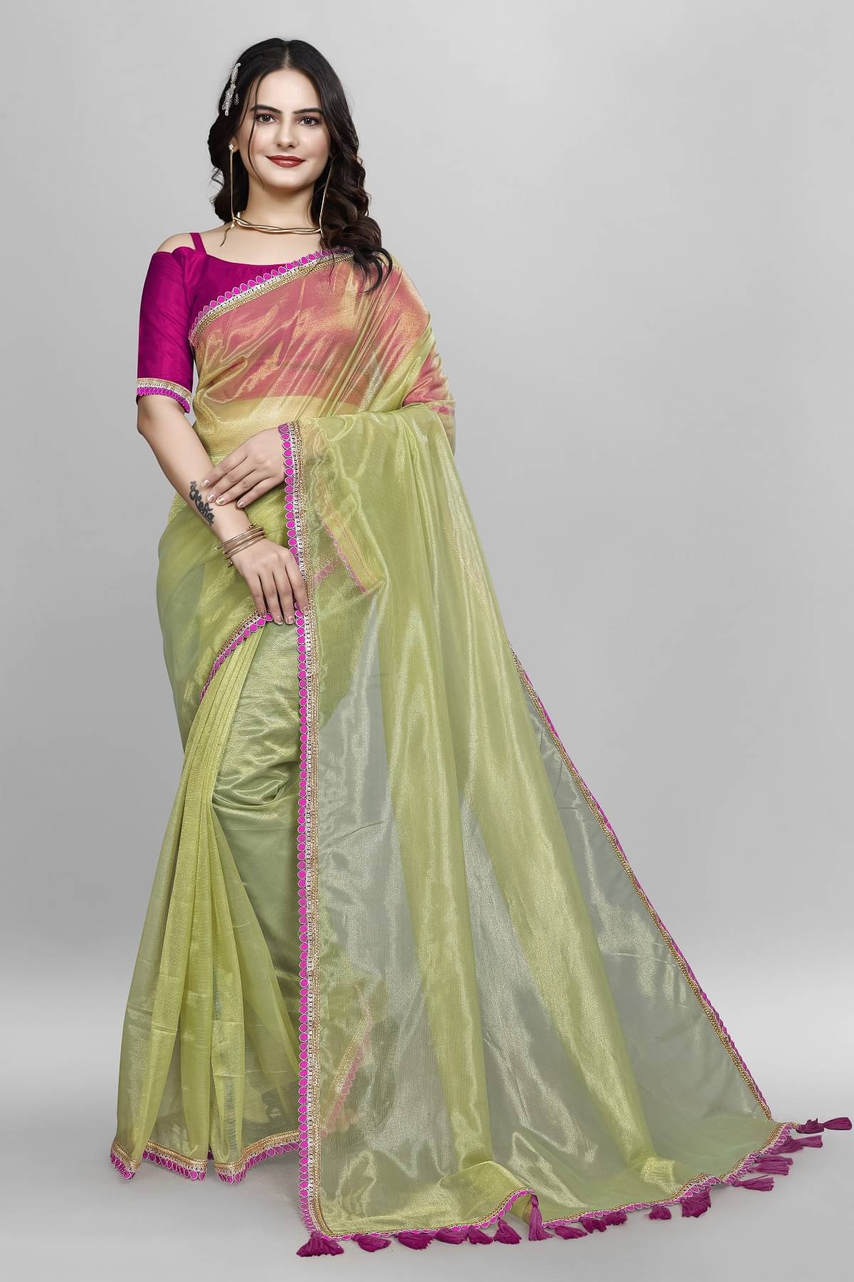 JULEE Net Solid Saree With Unstitched Blouse Piece ( Lime Green ) JULEE Net Solid Saree With Unstitched Blouse Piece ( Lime Green )