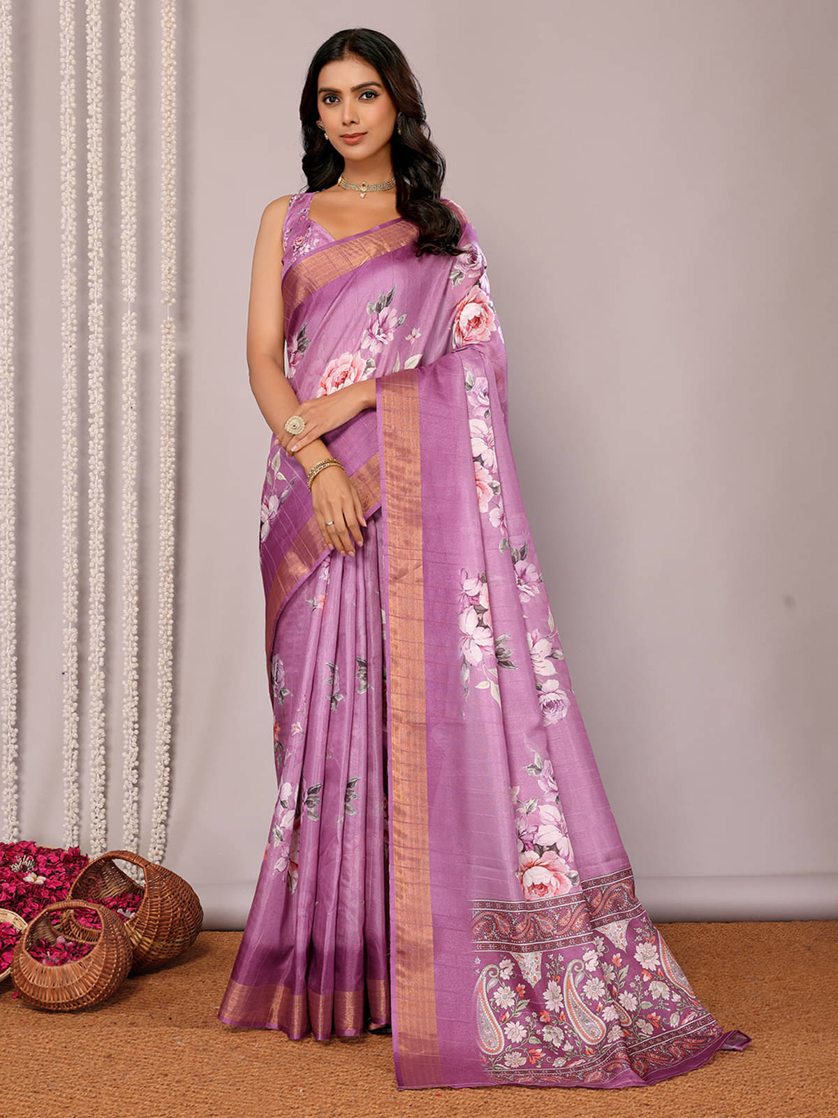 Janasya Chanderi Printed Saree With Unstitched Blouse Piece ( Purple ) Janasya Chanderi Printed Saree With Unstitched Blouse Piece ( Purple )