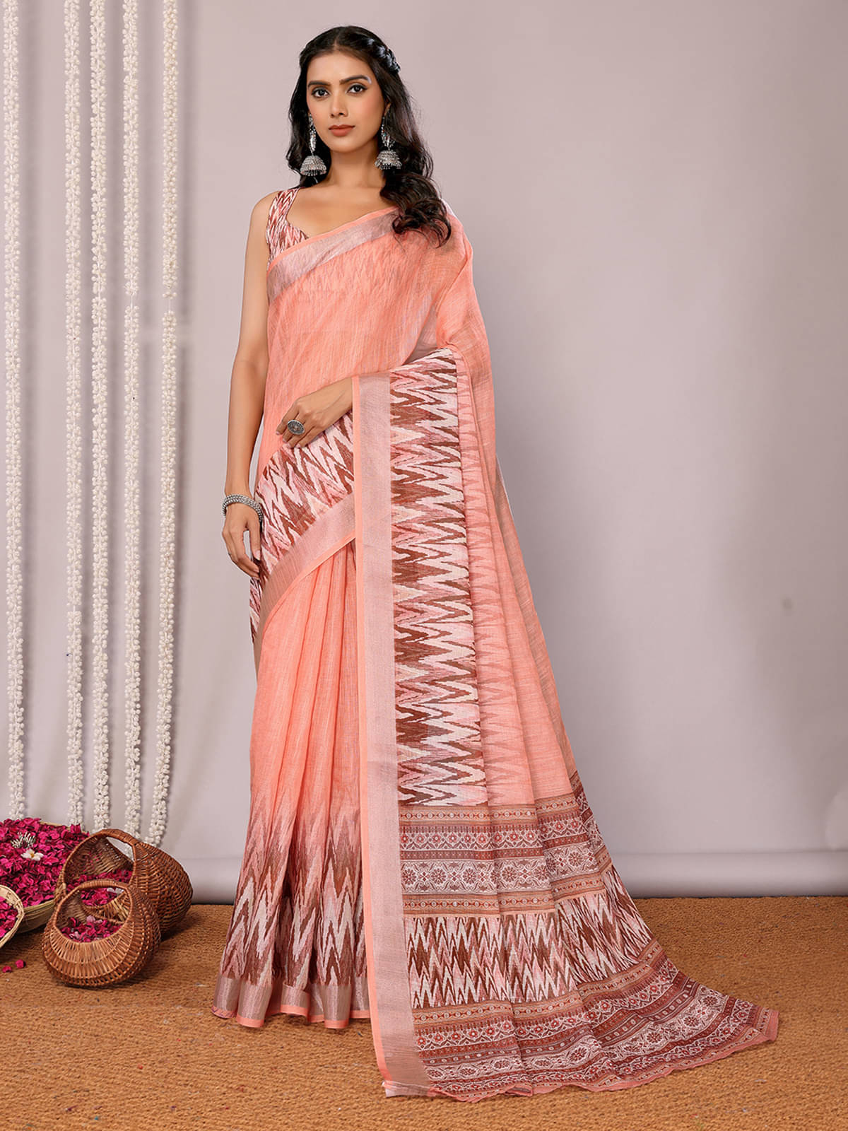     			Janasya Cotton Blend Printed Saree With Unstitched Blouse Piece ( Peach )
