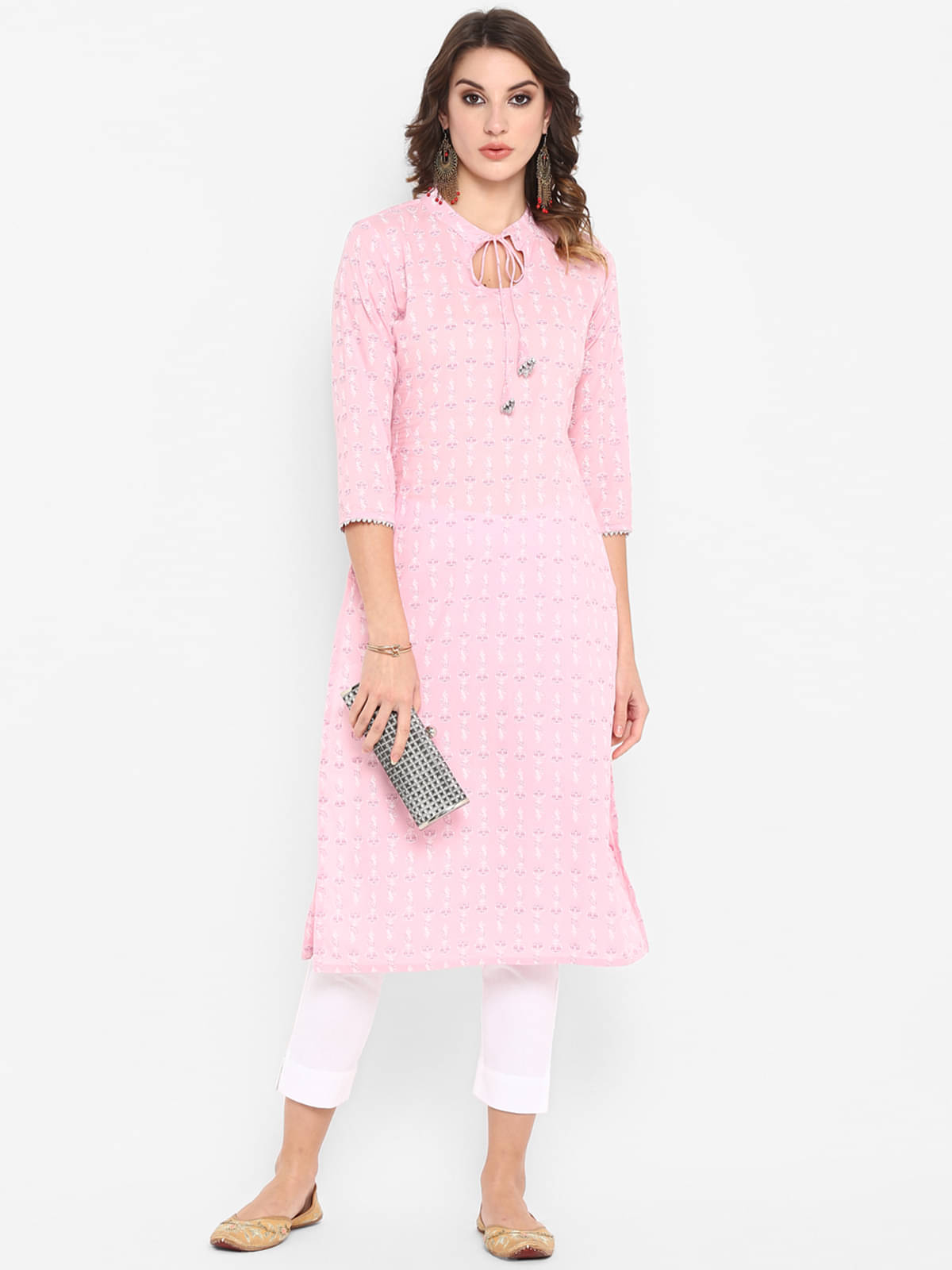     			Janasya Pack of 1 Cotton Printed Straight Women's Kurti - ( Pink )
