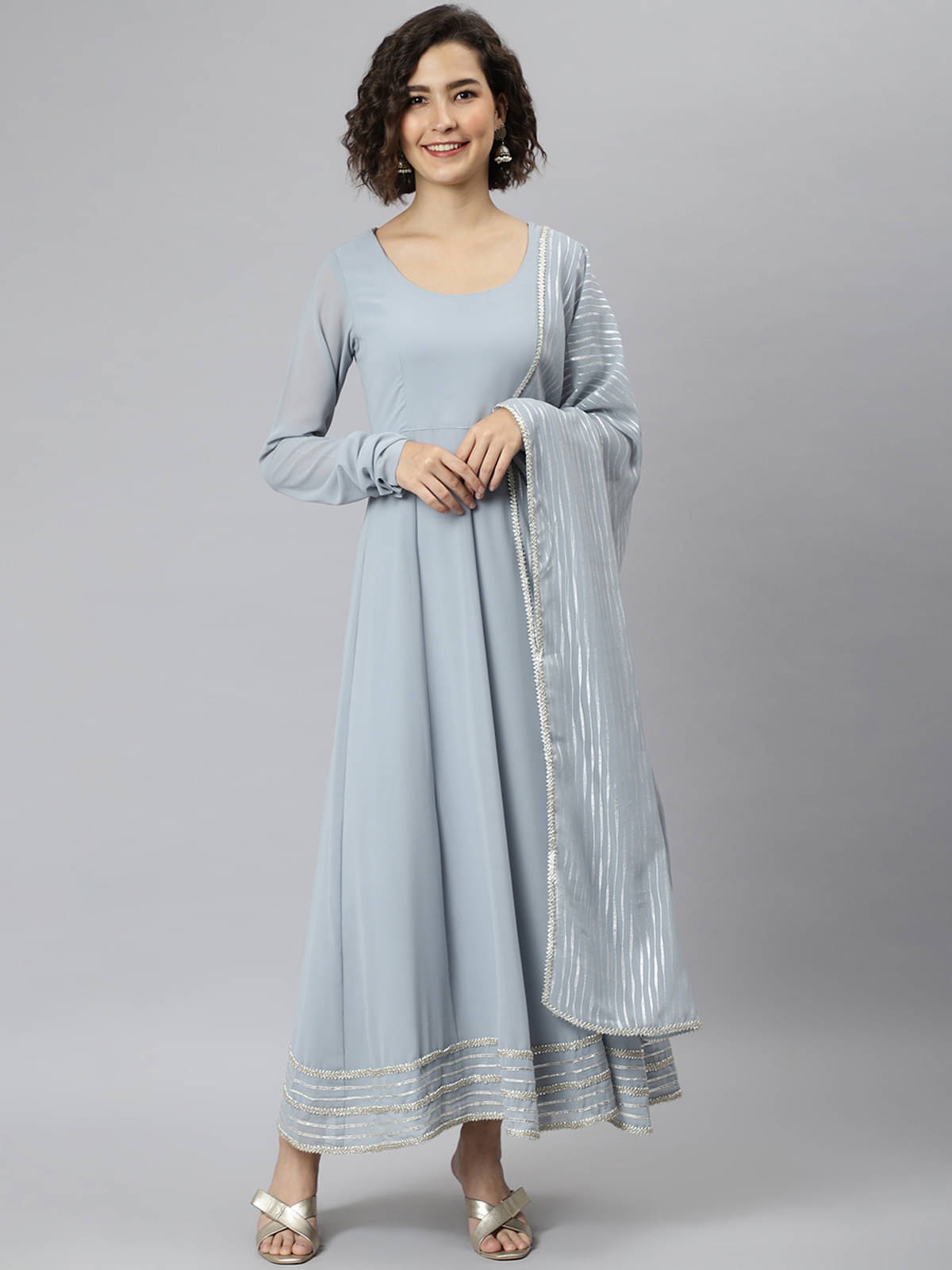     			Janasya Pack of 1 Georgette Solid Anarkali Women's Kurti with Dupatta - ( Light Grey )