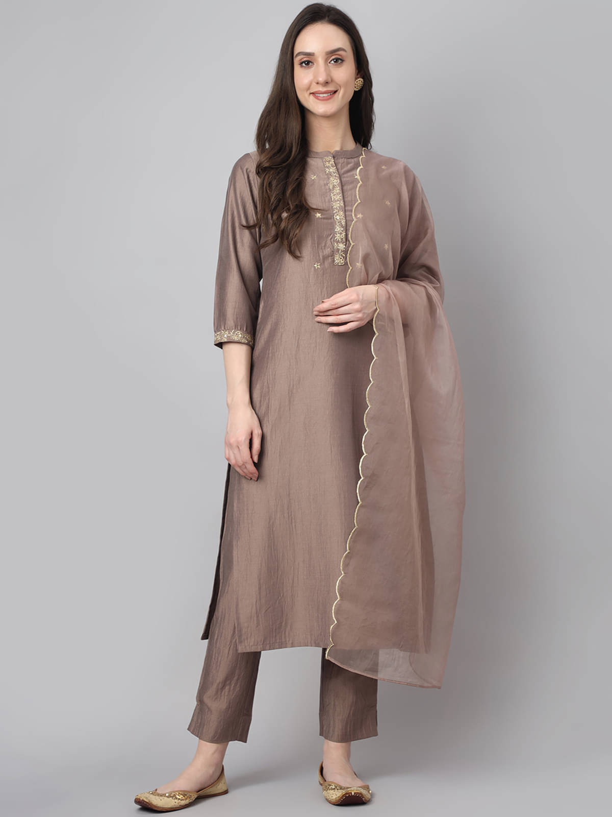 Janasya Silk Blend Embroidered Kurti With Pants Women's Stitched Salwar Suit - Brown ( Pack of 1 ) Janasya Silk Blend Embroidered Kurti With Pants Women's Stitched Salwar Suit - Brown ( Pack of 1 )