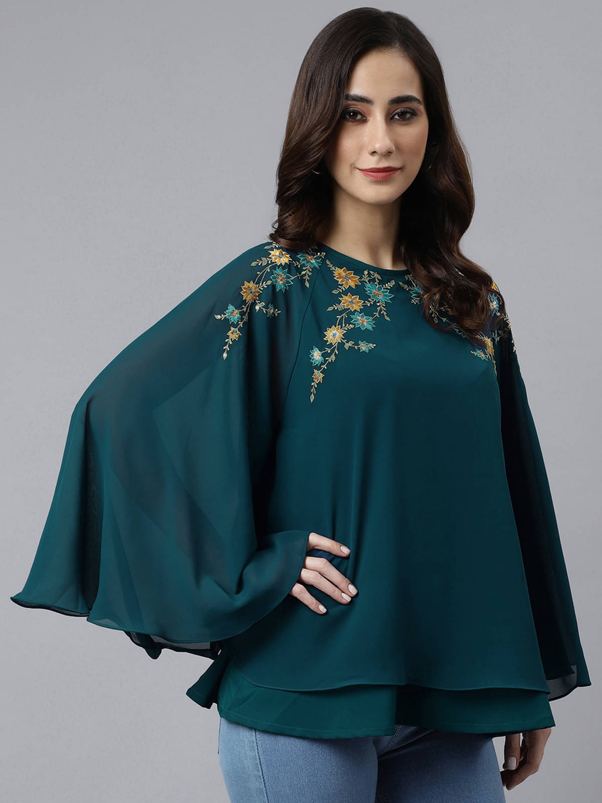 Janasya Women's Georgette A-Line Top ( Teal ) Janasya Women's Georgette A-Line Top ( Teal )