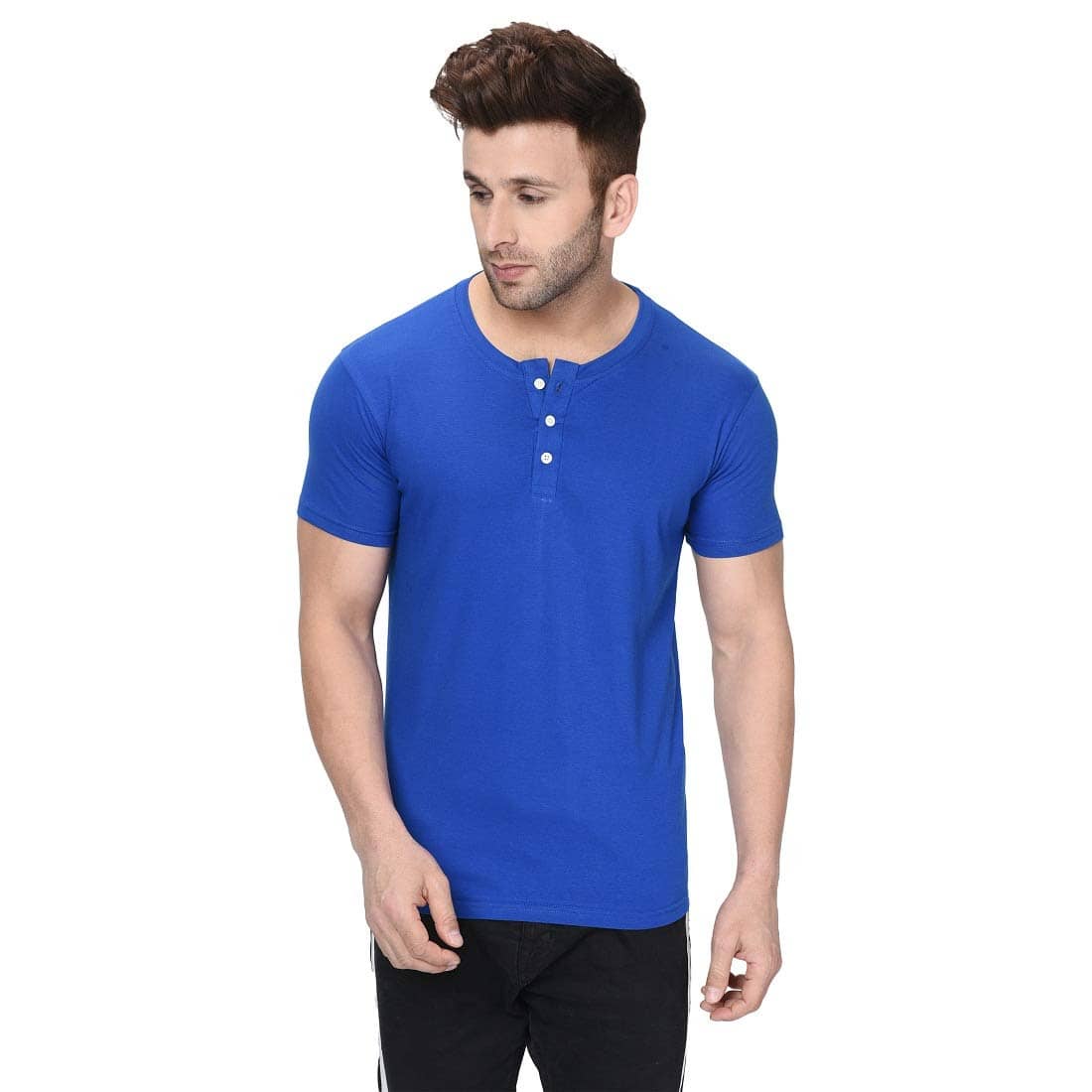 LONDON HILLS Cotton Blend Regular Fit Solid Half Sleeves Men's Henley T-Shirt - Blue ( Pack of 1 )