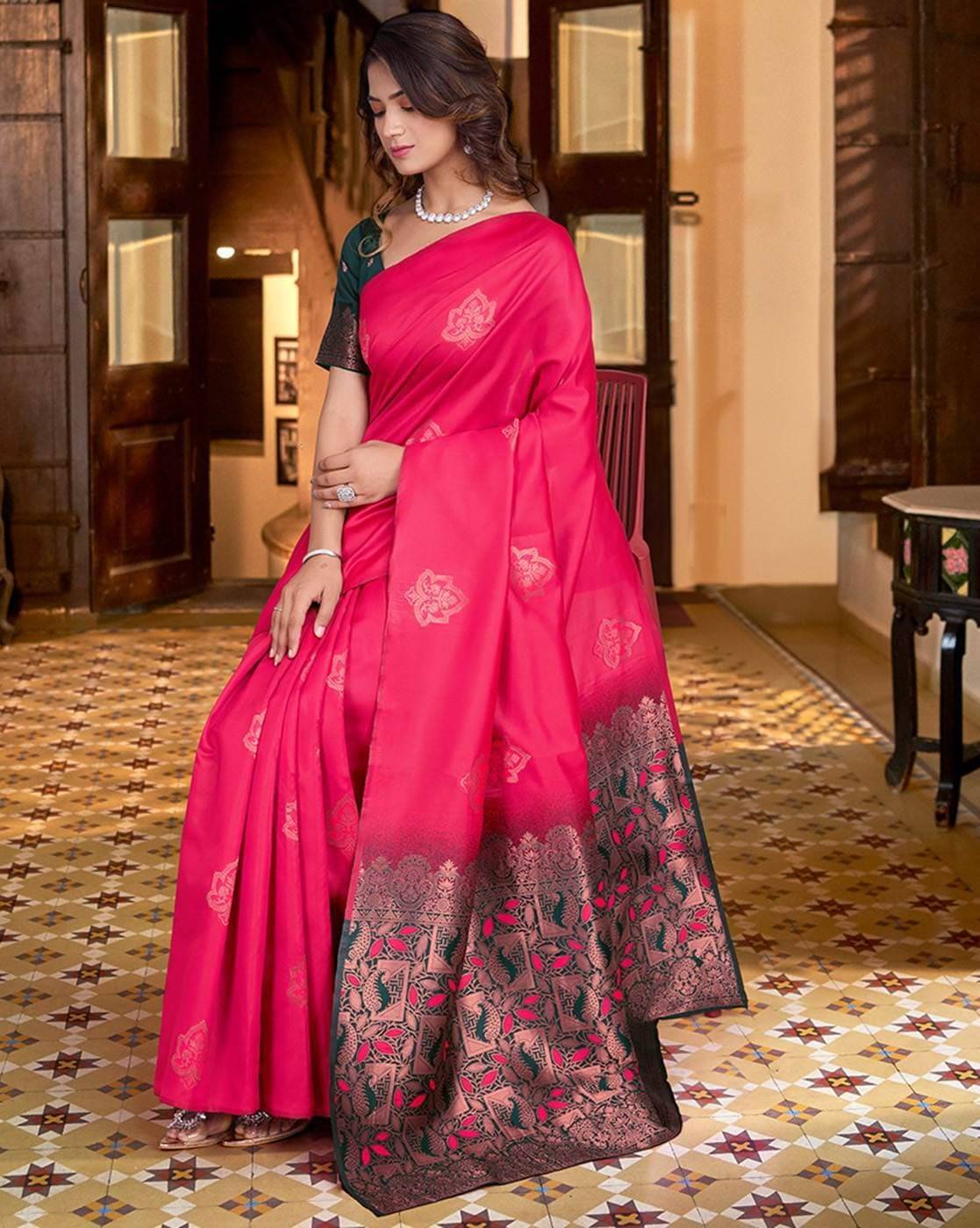PHORIA STYLE Banarasi Silk Woven Saree With Unstitched Blouse Piece ( Pink ) PHORIA STYLE Banarasi Silk Woven Saree With Unstitched Blouse Piece ( Pink )