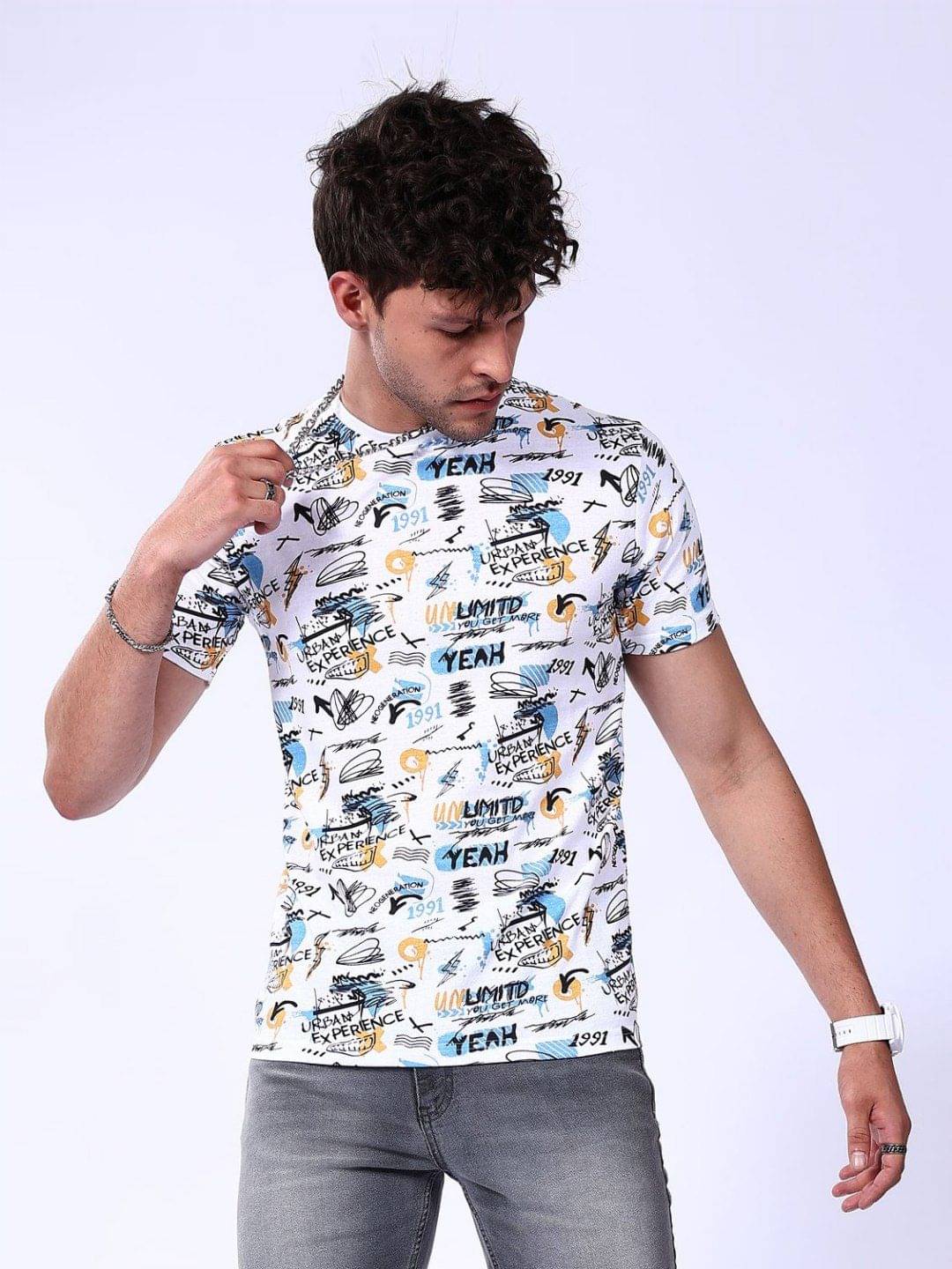     			The Indian Garage Co. Cotton Blend Regular Fit Printed Half Sleeves Men's Round T-Shirt - White ( Pack of 1 )