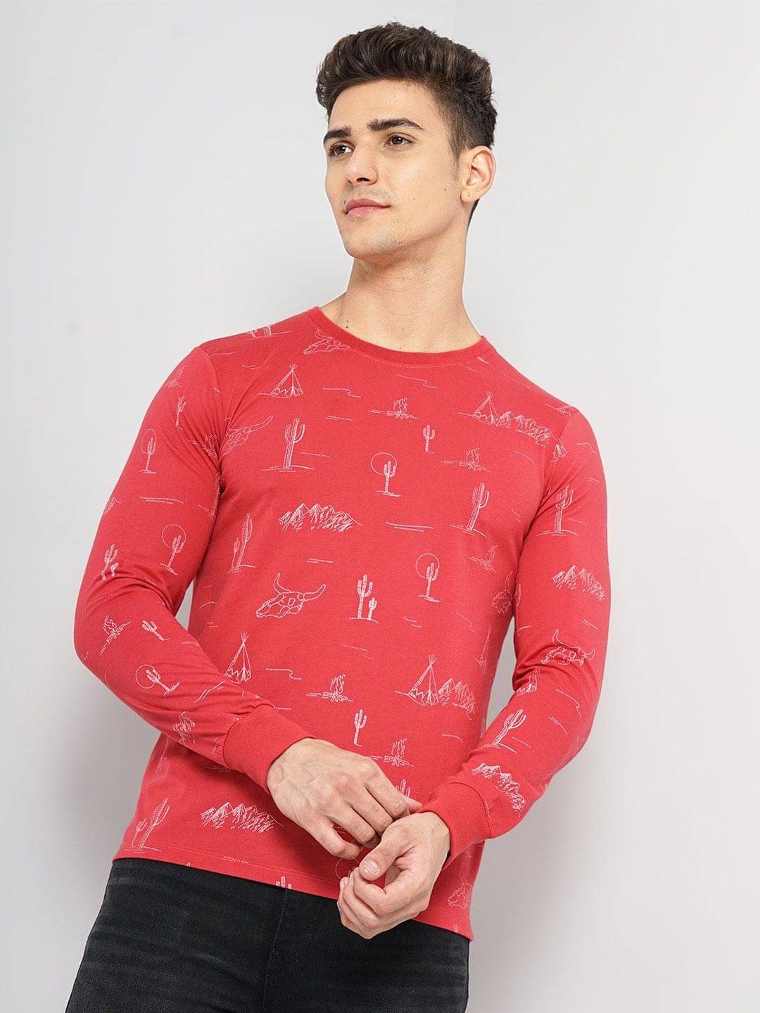 The Indian Garage Co. Cotton Blend Regular Fit Printed Full Sleeves Men's Round T-Shirt - Red ( Pack of 1 ) The Indian Garage Co. Cotton Blend Regular Fit Printed Full Sleeves Men's Round T-Shirt - Red ( Pack of 1 )